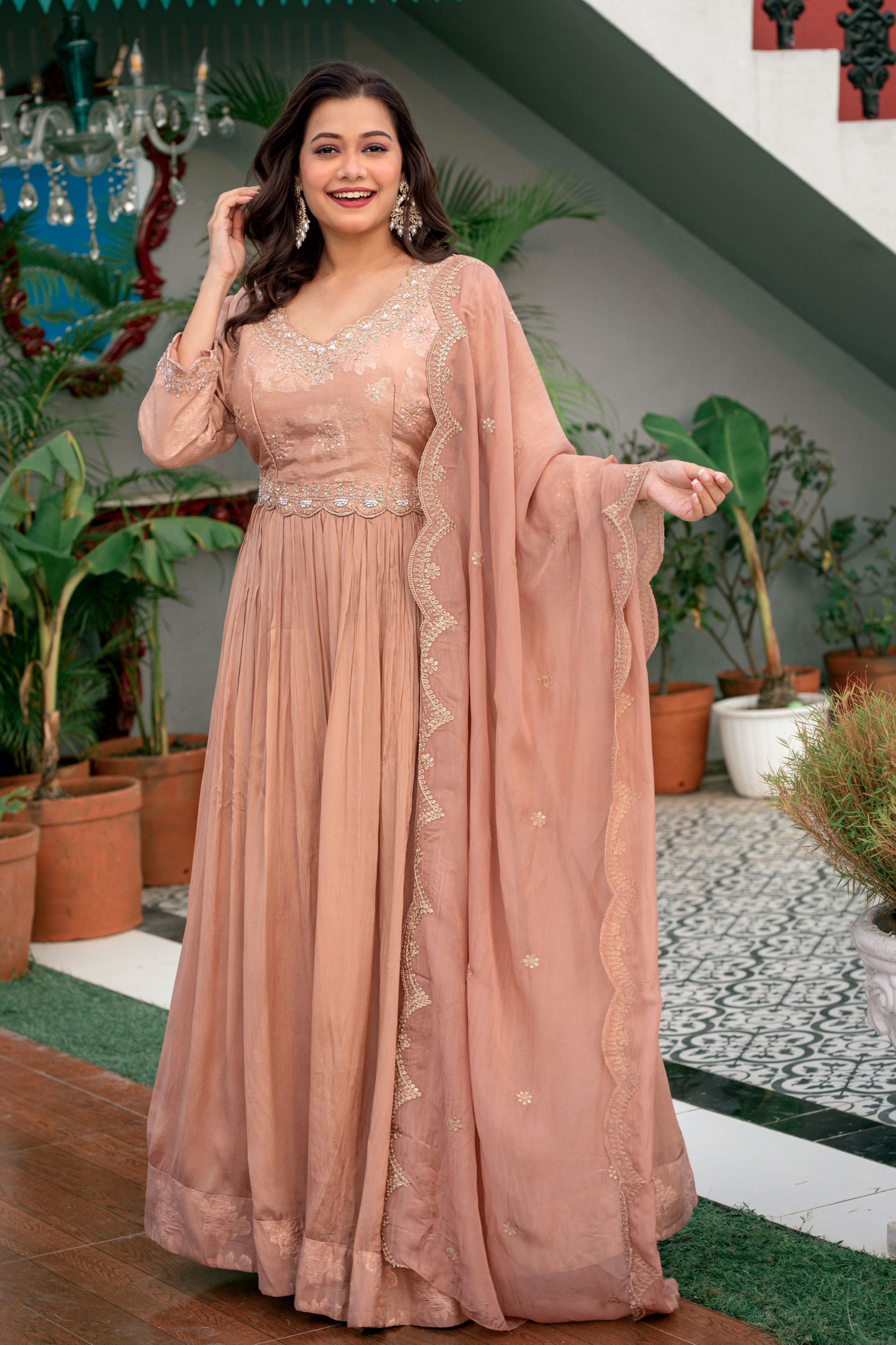 Creamy Peach Embellished Chinon Silk Anarkali Set