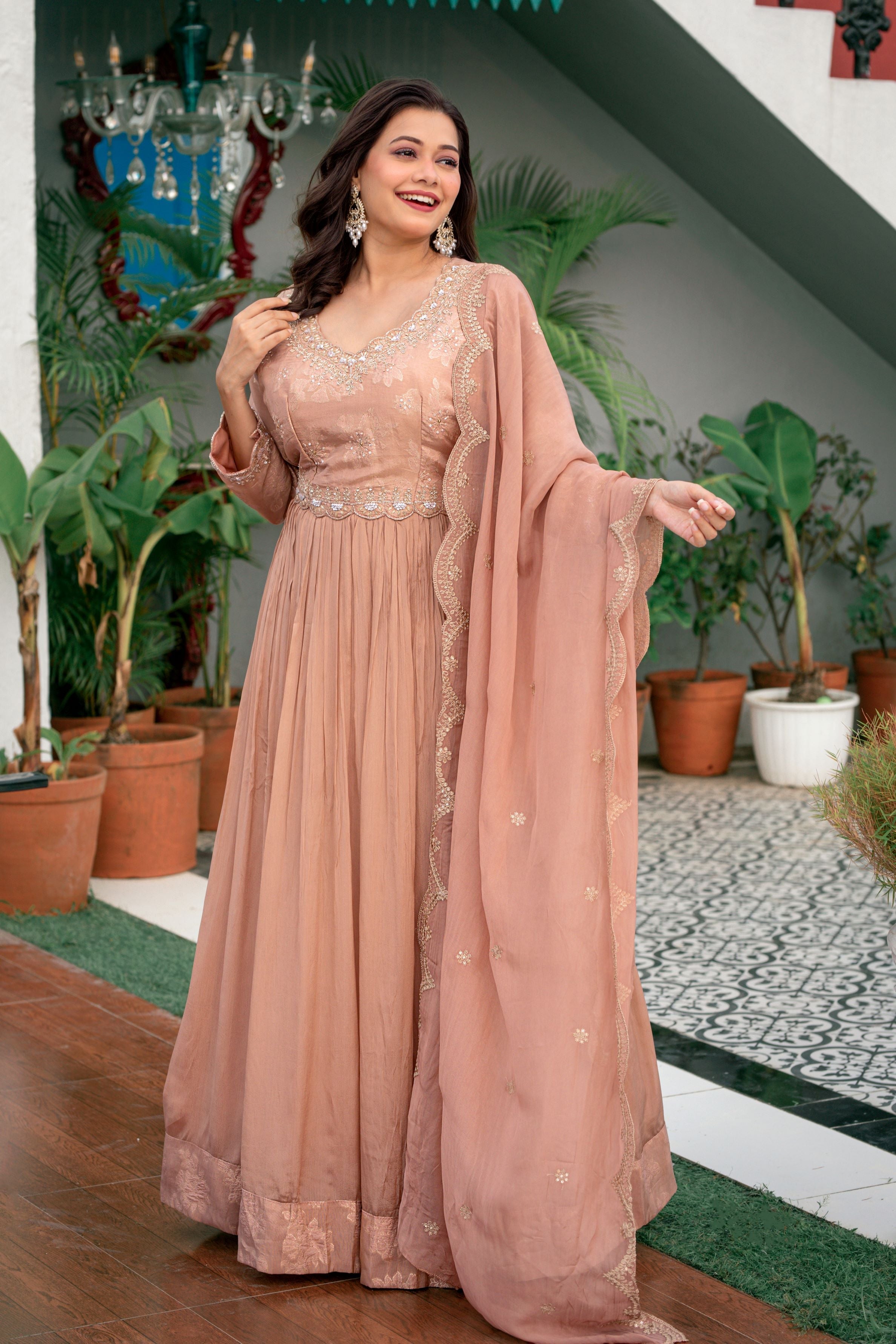 Creamy Peach Embellished Chinon Silk Anarkali Set