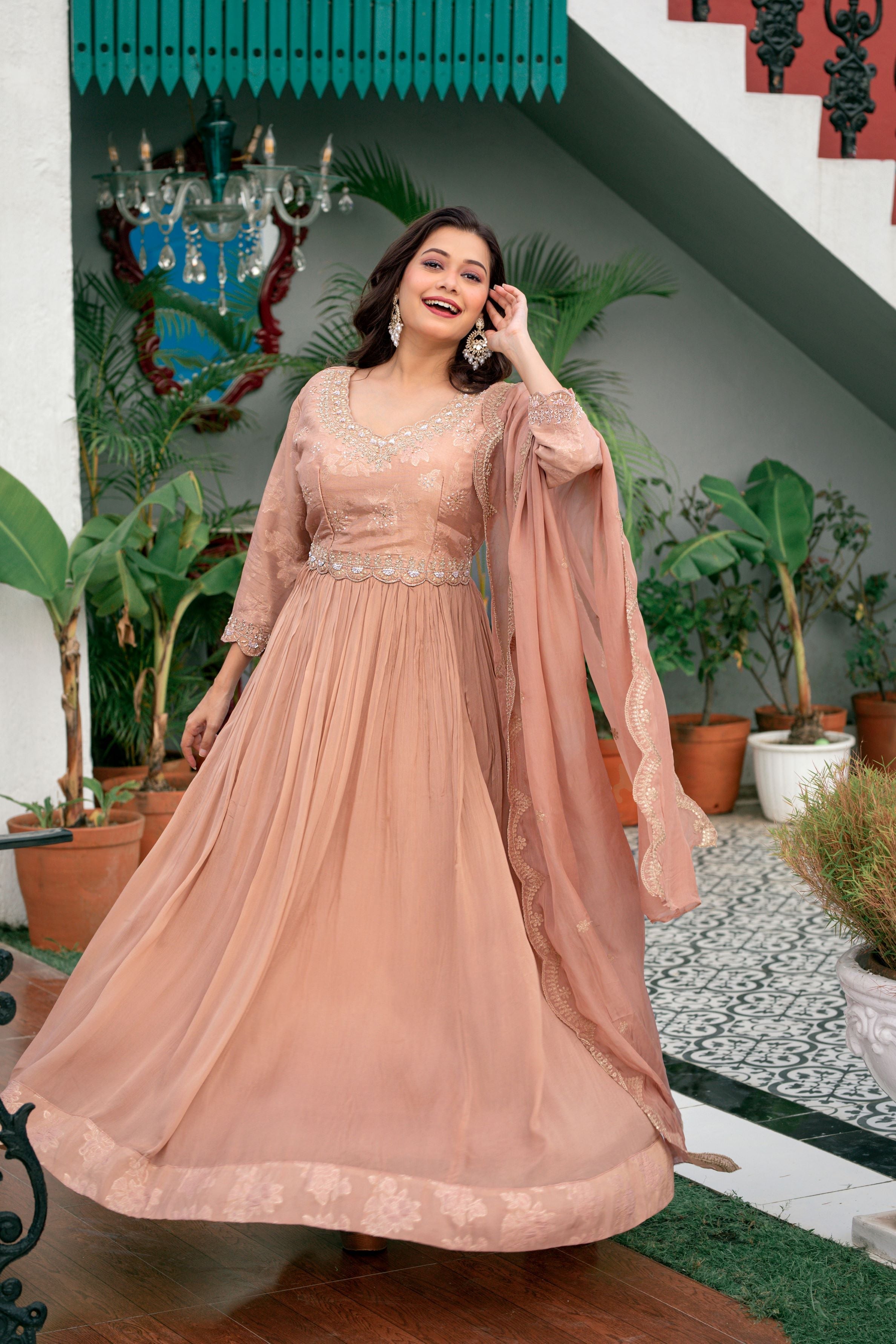 Creamy Peach Embellished Chinon Silk Anarkali Set