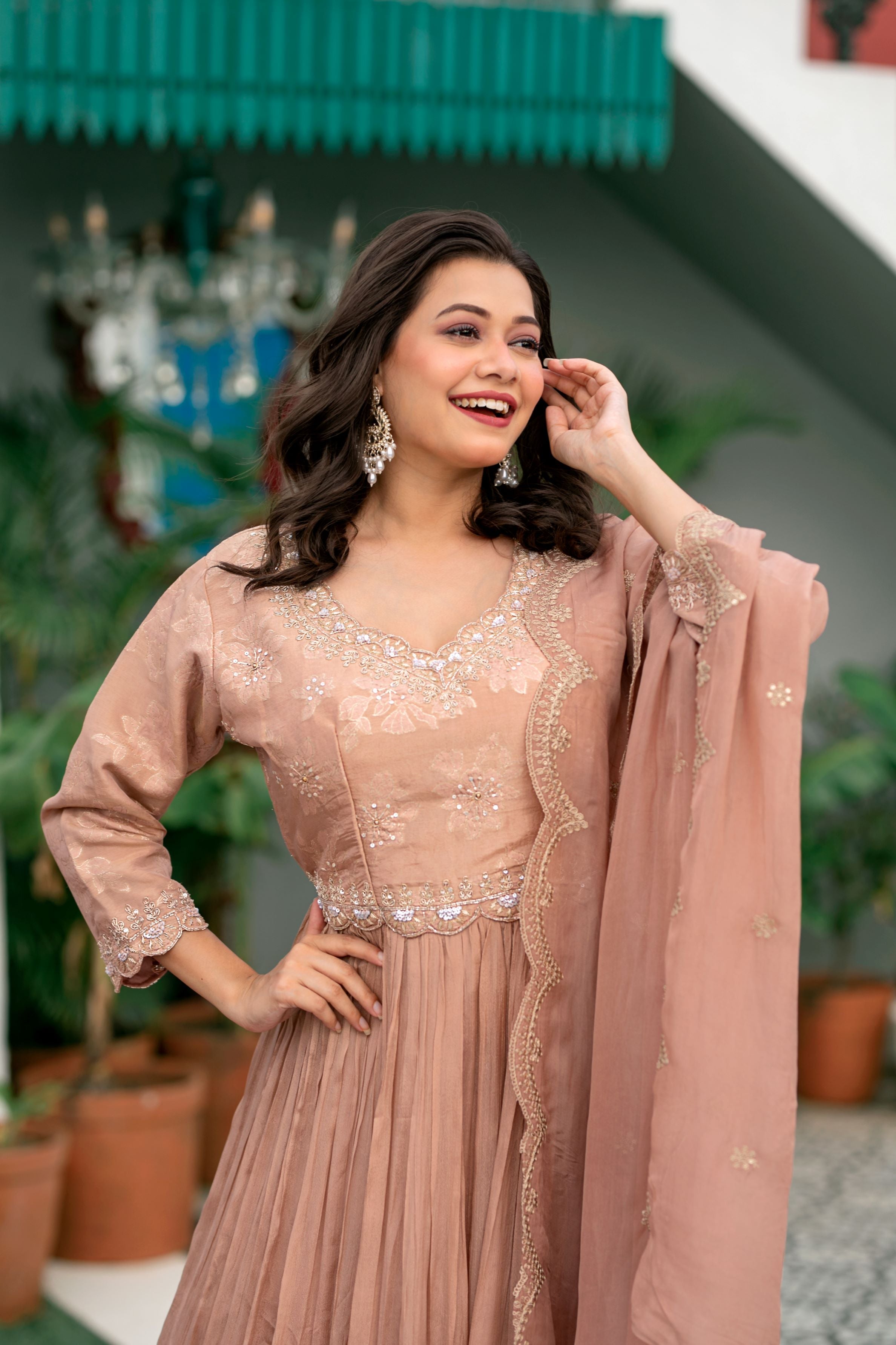 Creamy Peach Embellished Chinon Silk Anarkali Set