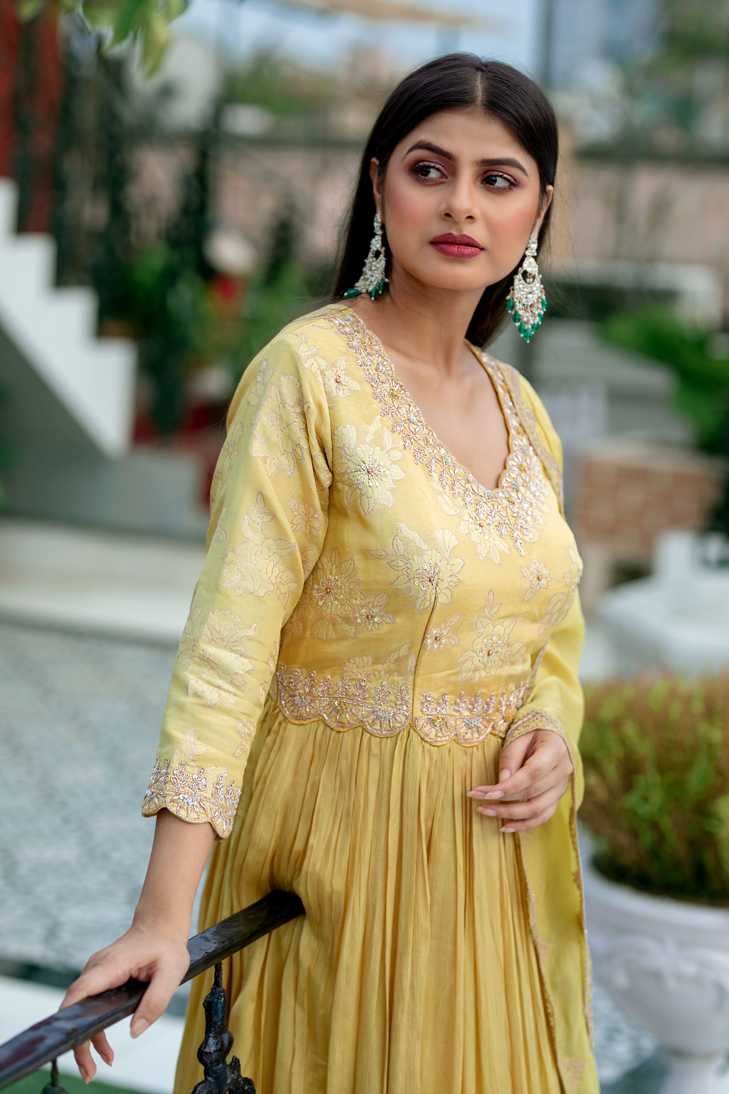 Festive Yellow Embellished Premium Chinon Silk Anarkali Set