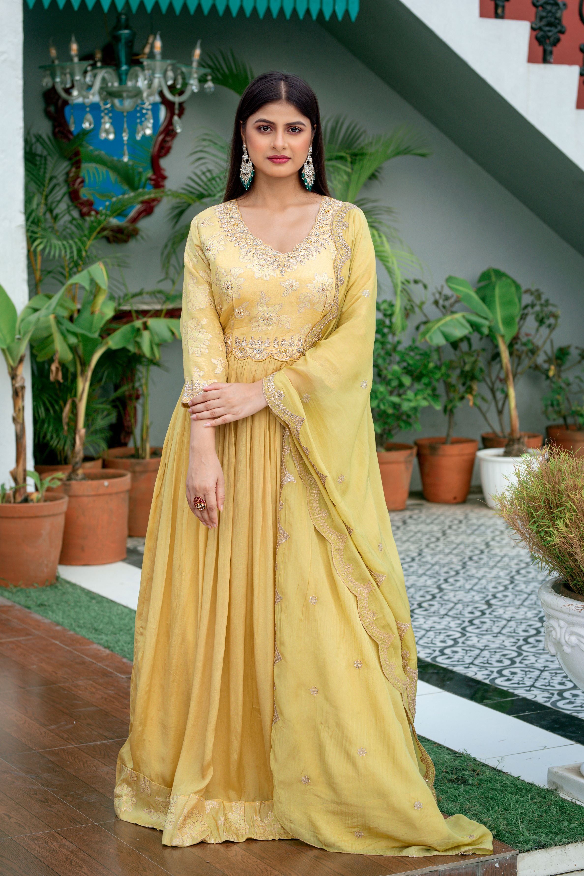 Festive Yellow Embellished Premium Chinon Silk Anarkali Set