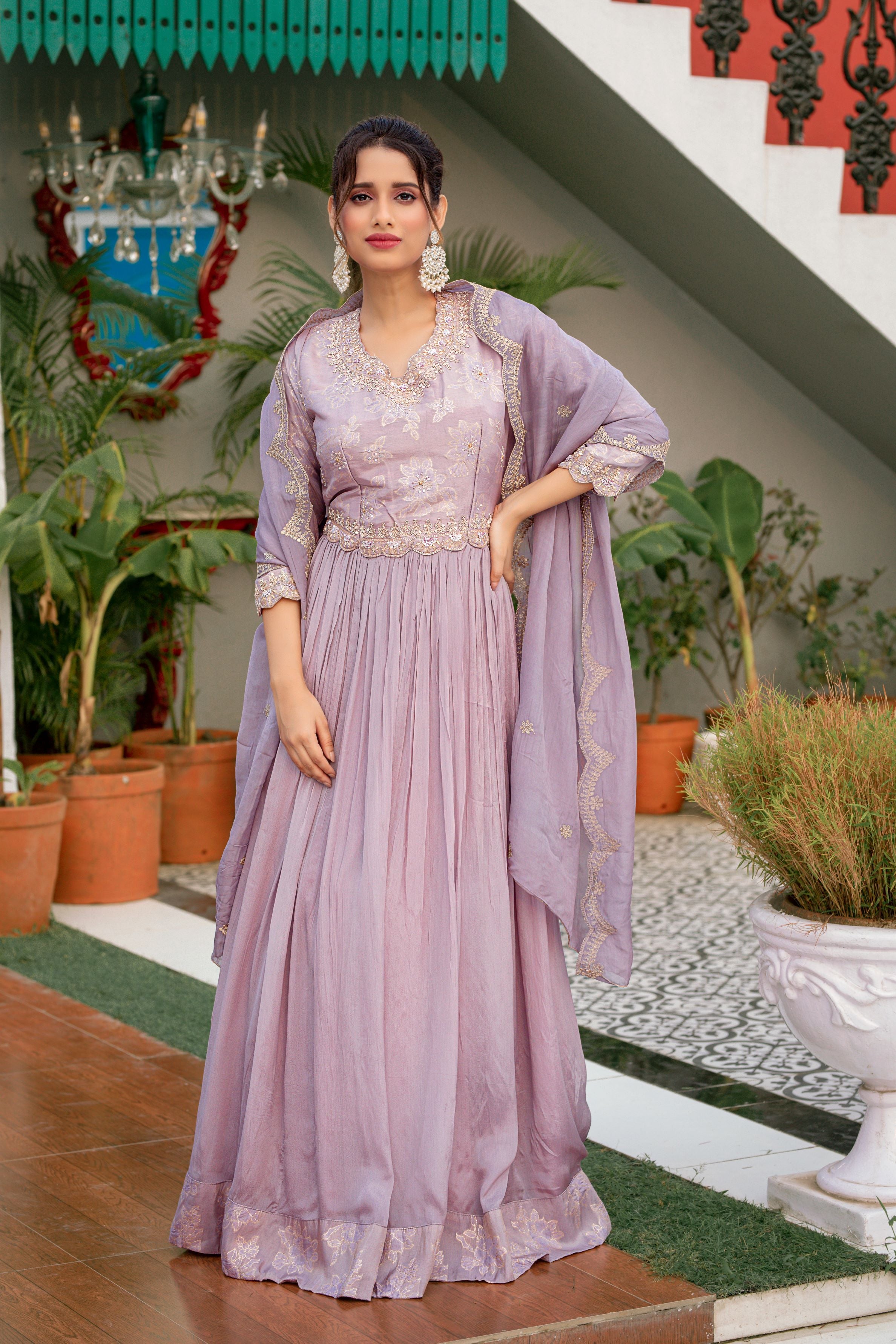 Rose Mauve Embellished Premium Chinon Silk Anarkali Set