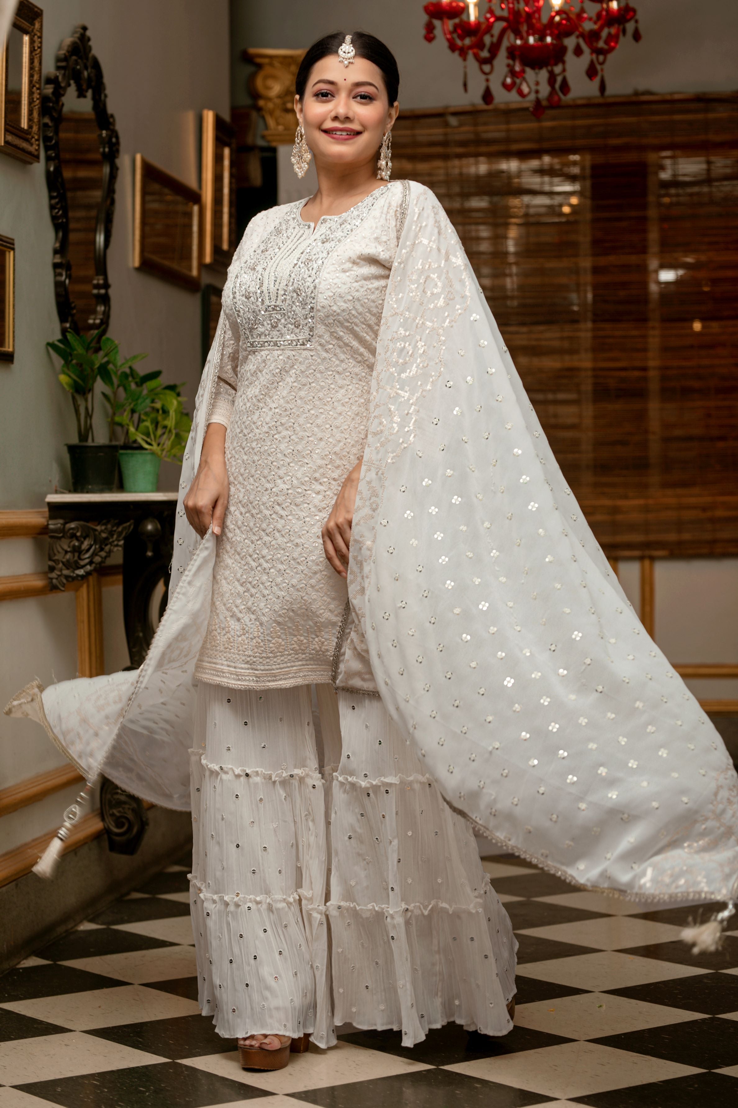 White Chikankari Embroidered Vama Georgette Silk Sharara Set