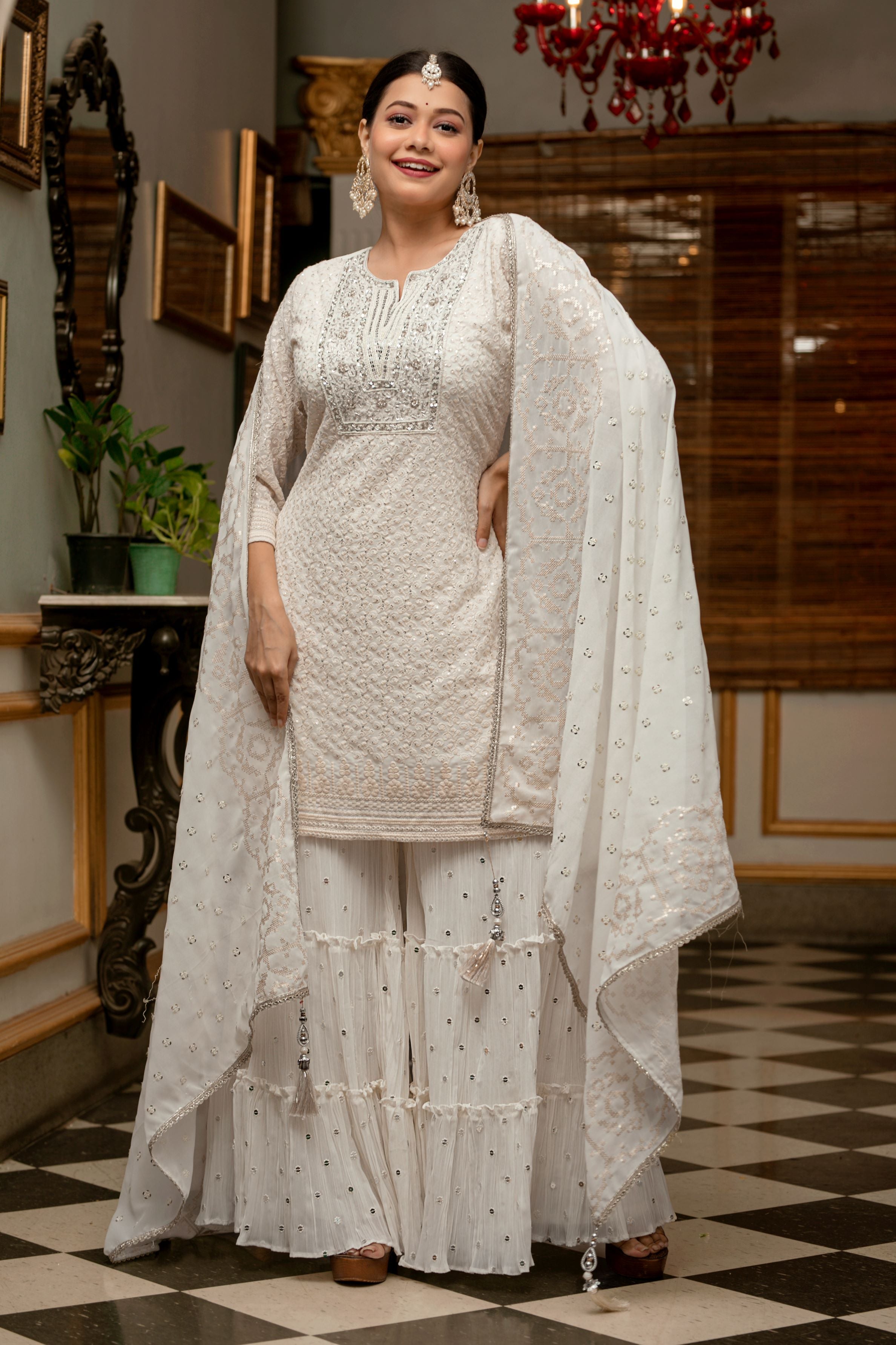 White Chikankari Embroidered Vama Georgette Silk Sharara Set