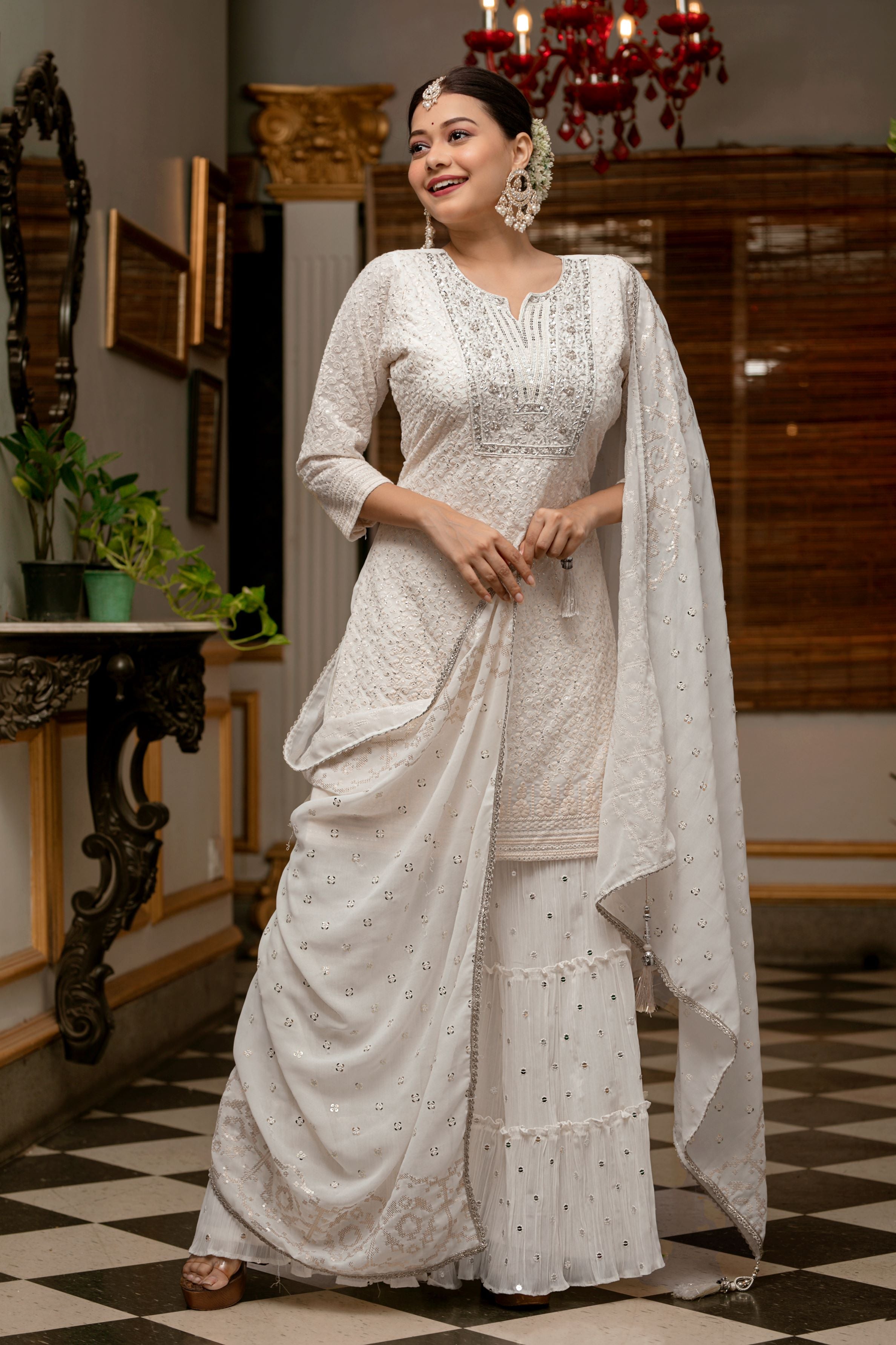 White Chikankari Embroidered Vama Georgette Silk Sharara Set