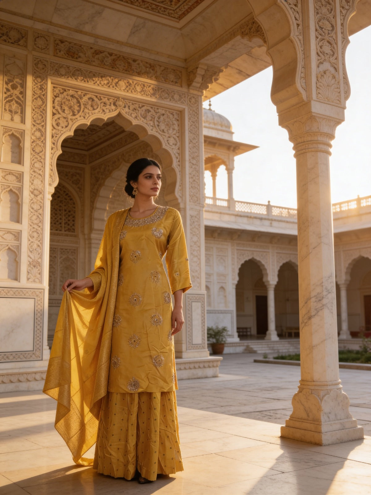 Bright Yellow Embellished Dola Silk Kurta Skirt Set