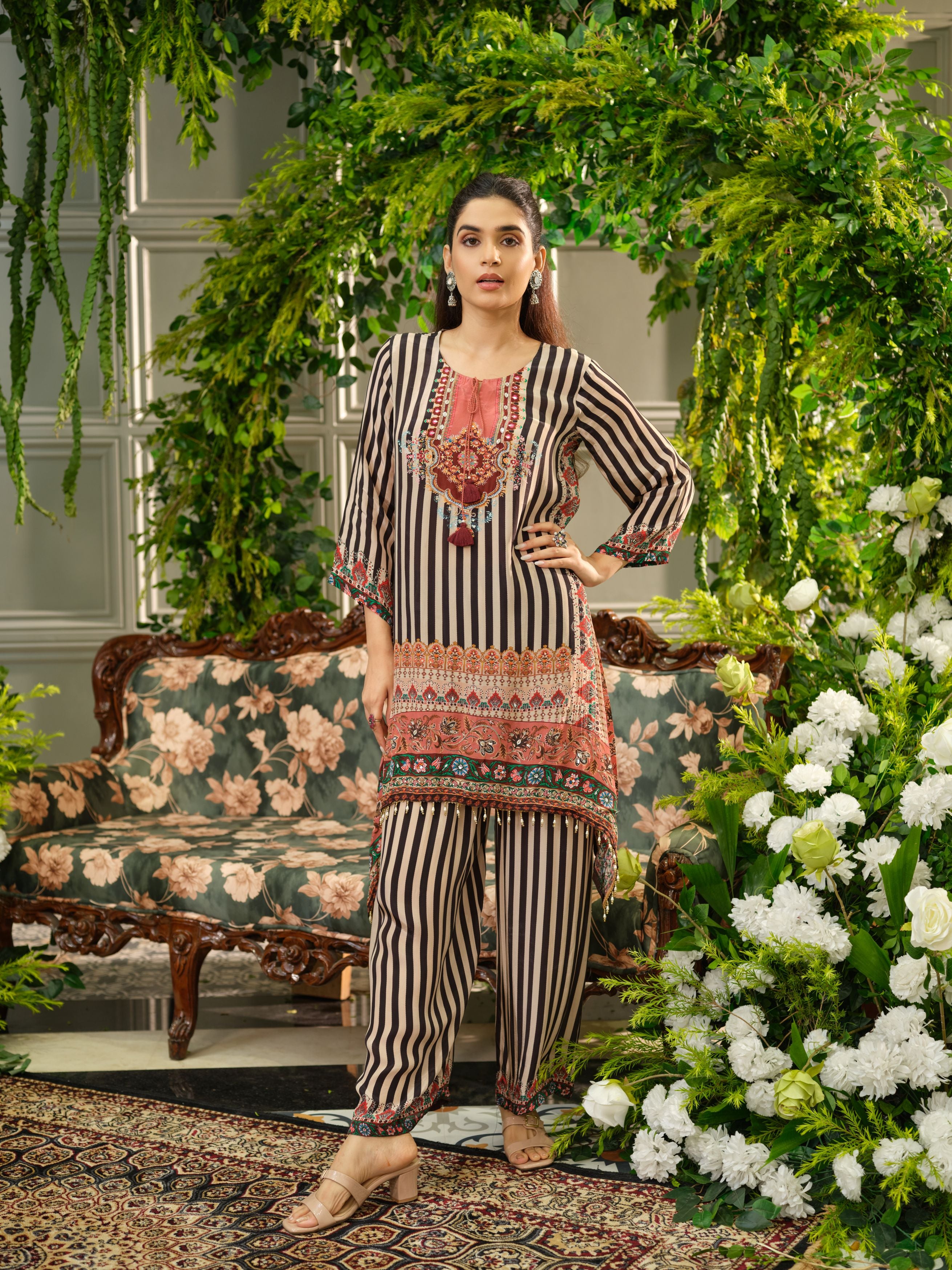 Black And White Stripes Printed Crepe Silk Co-Ord Set