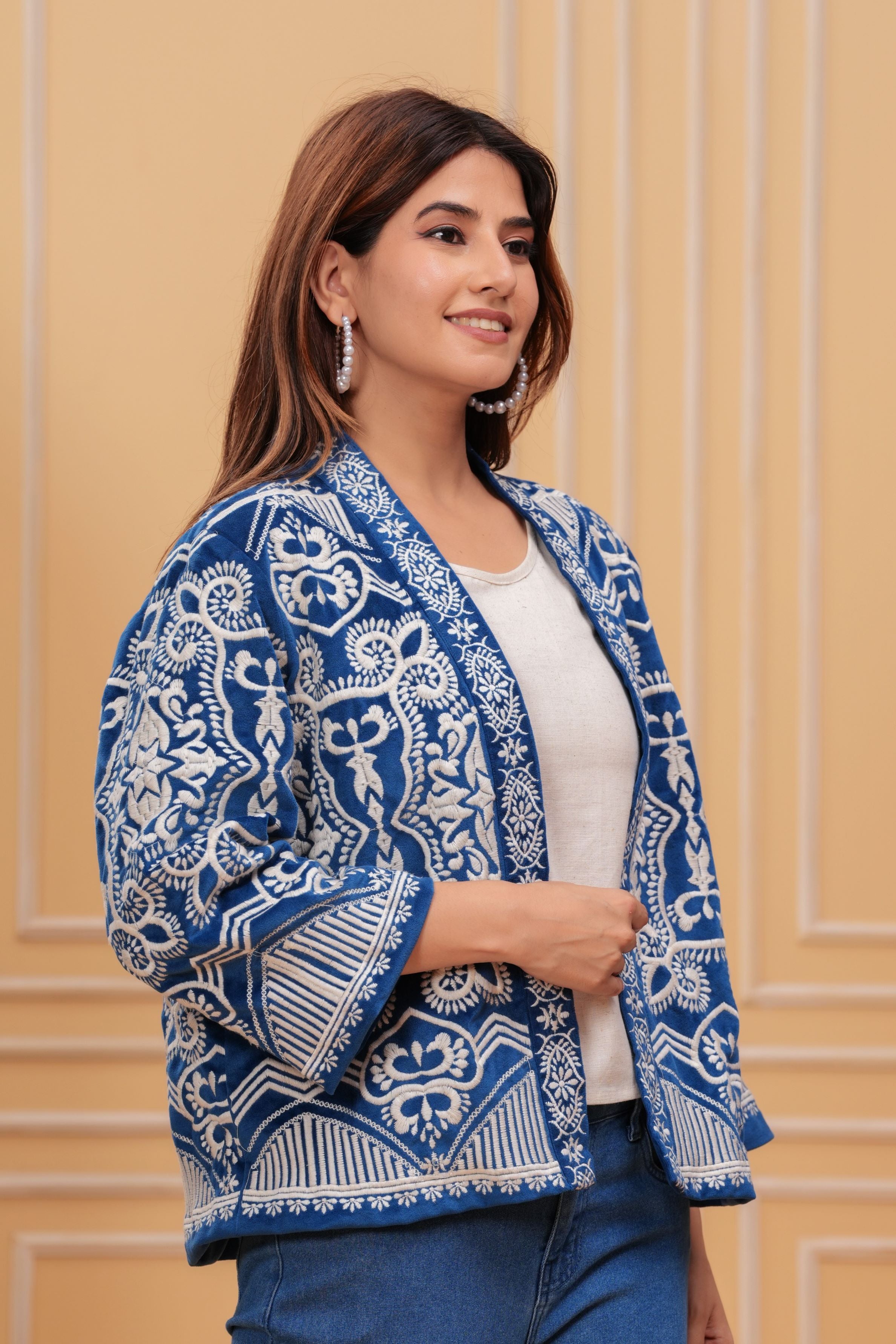 Blue Embroidered Velvet Silk Jacket