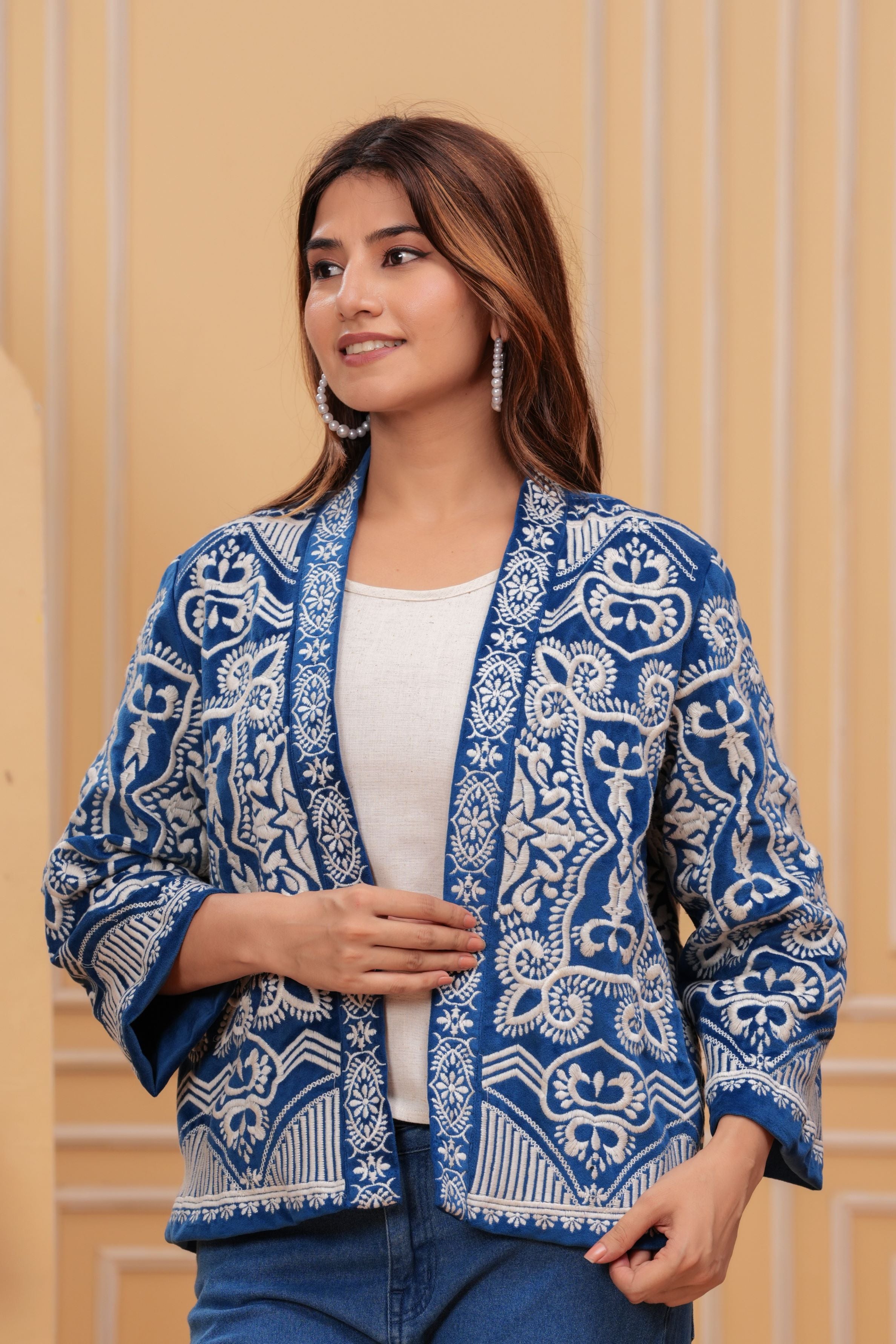 Blue Embroidered Velvet Silk Jacket