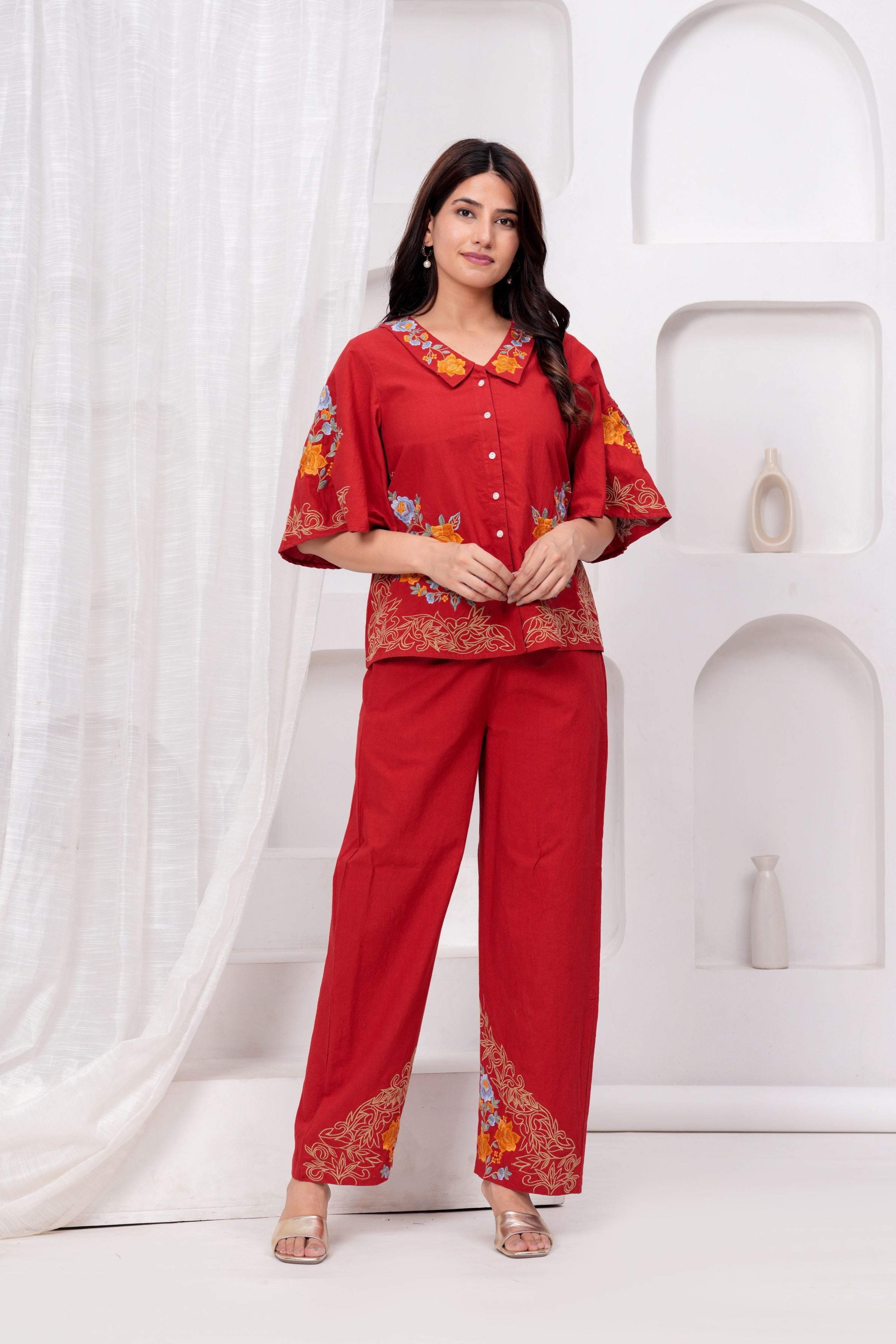 Imperial Red Embroidered Premium Cotton Co-Ord Set