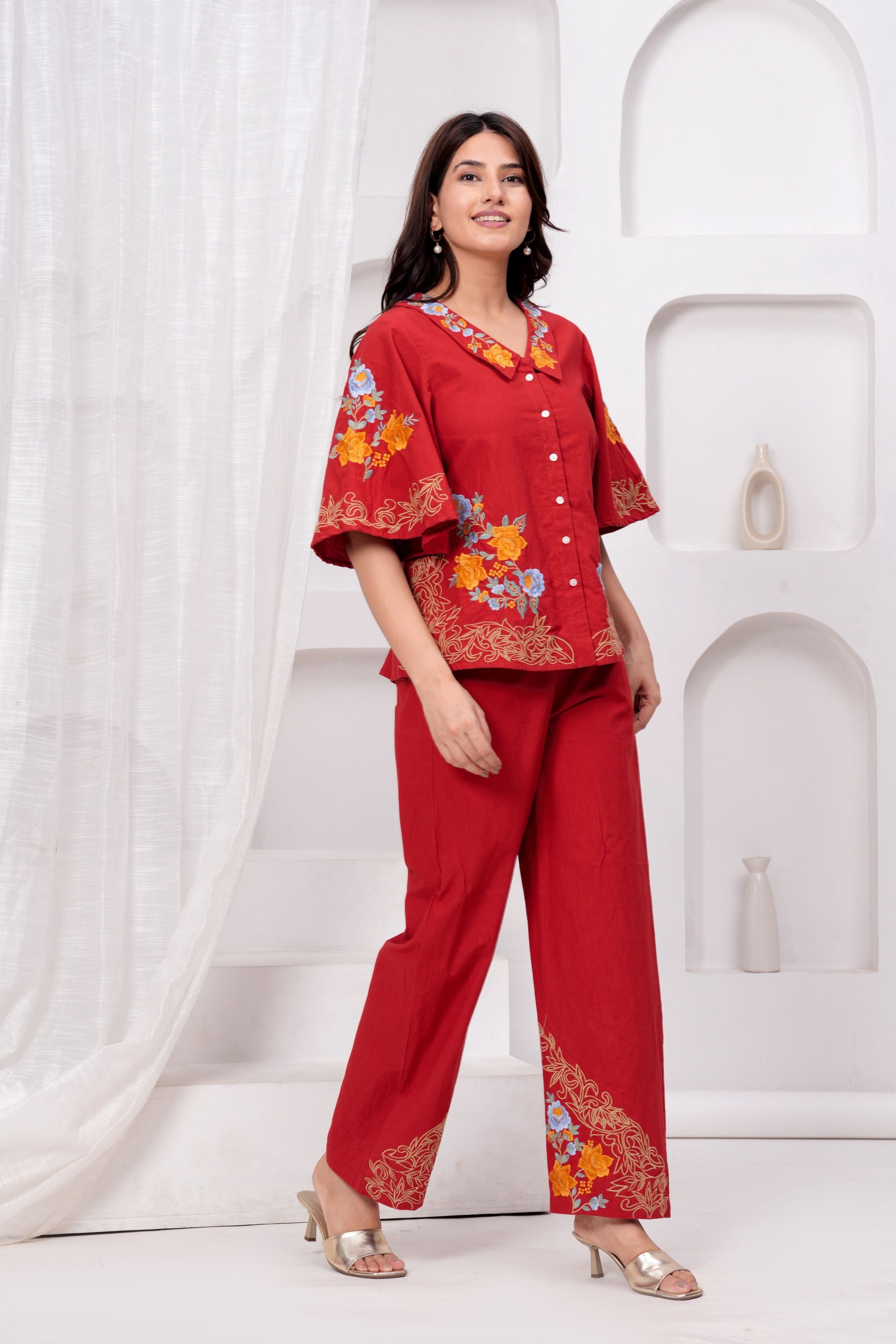 Imperial Red Embroidered Premium Cotton Co-Ord Set