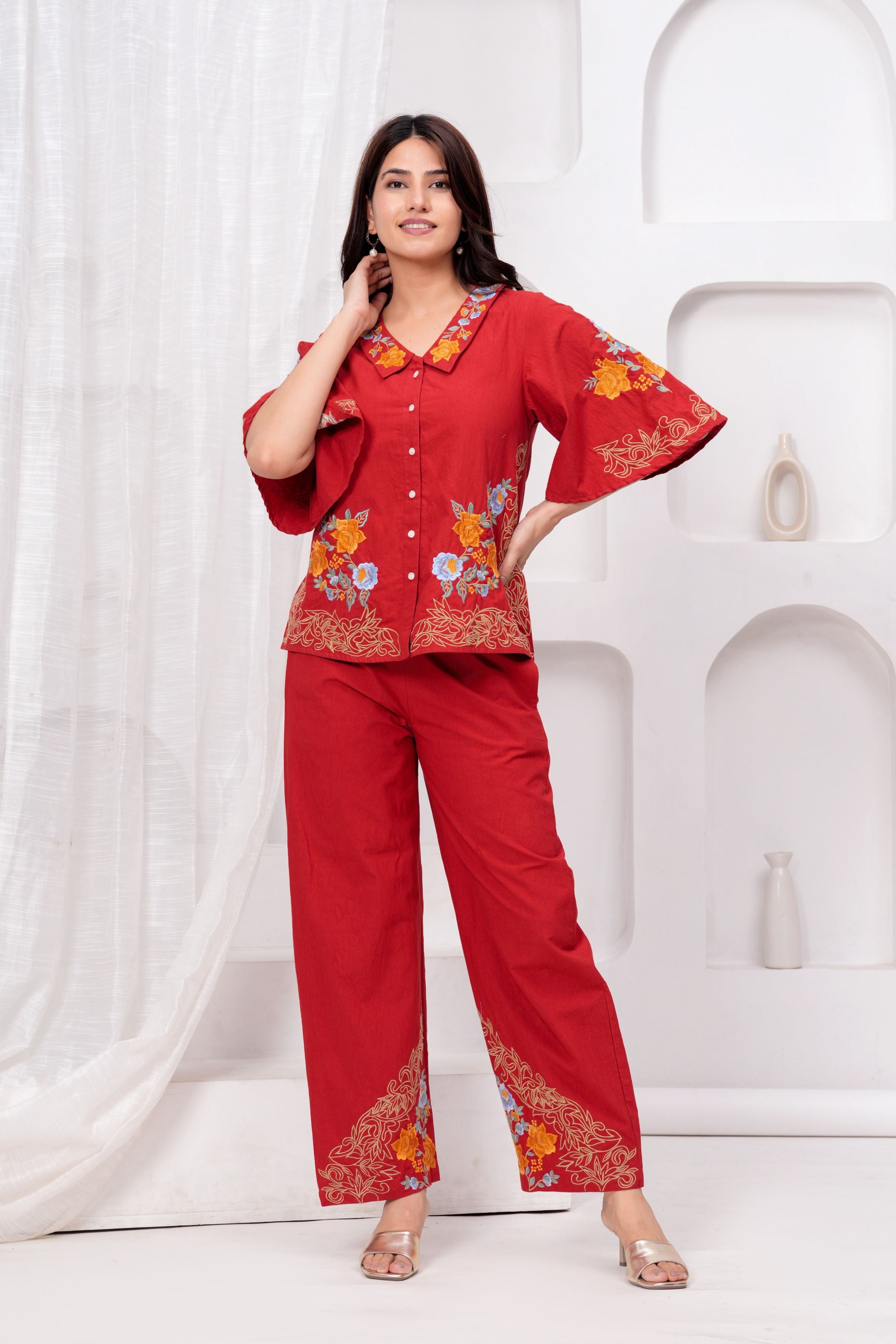 Imperial Red Embroidered Premium Cotton Co-Ord Set