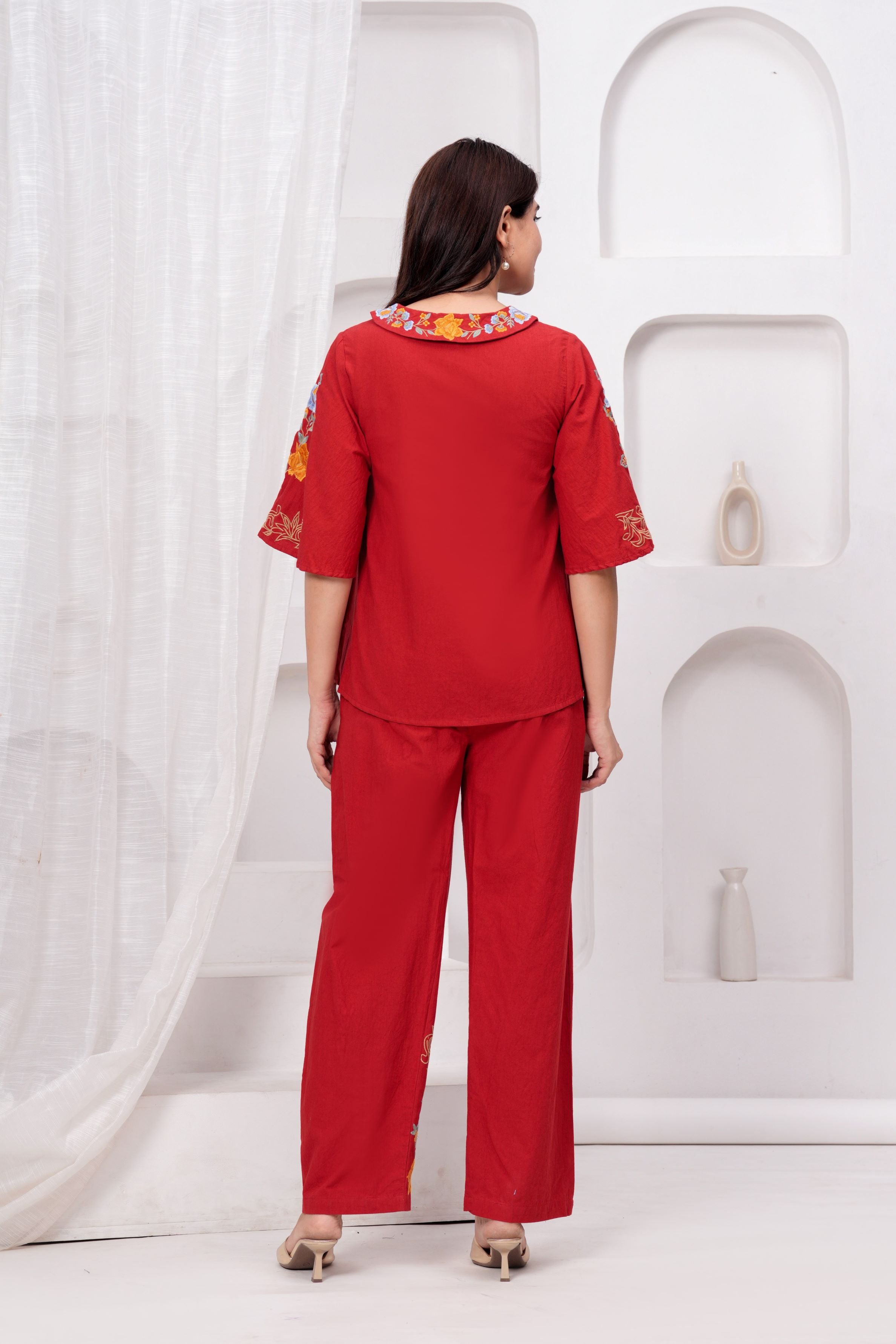 Imperial Red Embroidered Premium Cotton Co-Ord Set