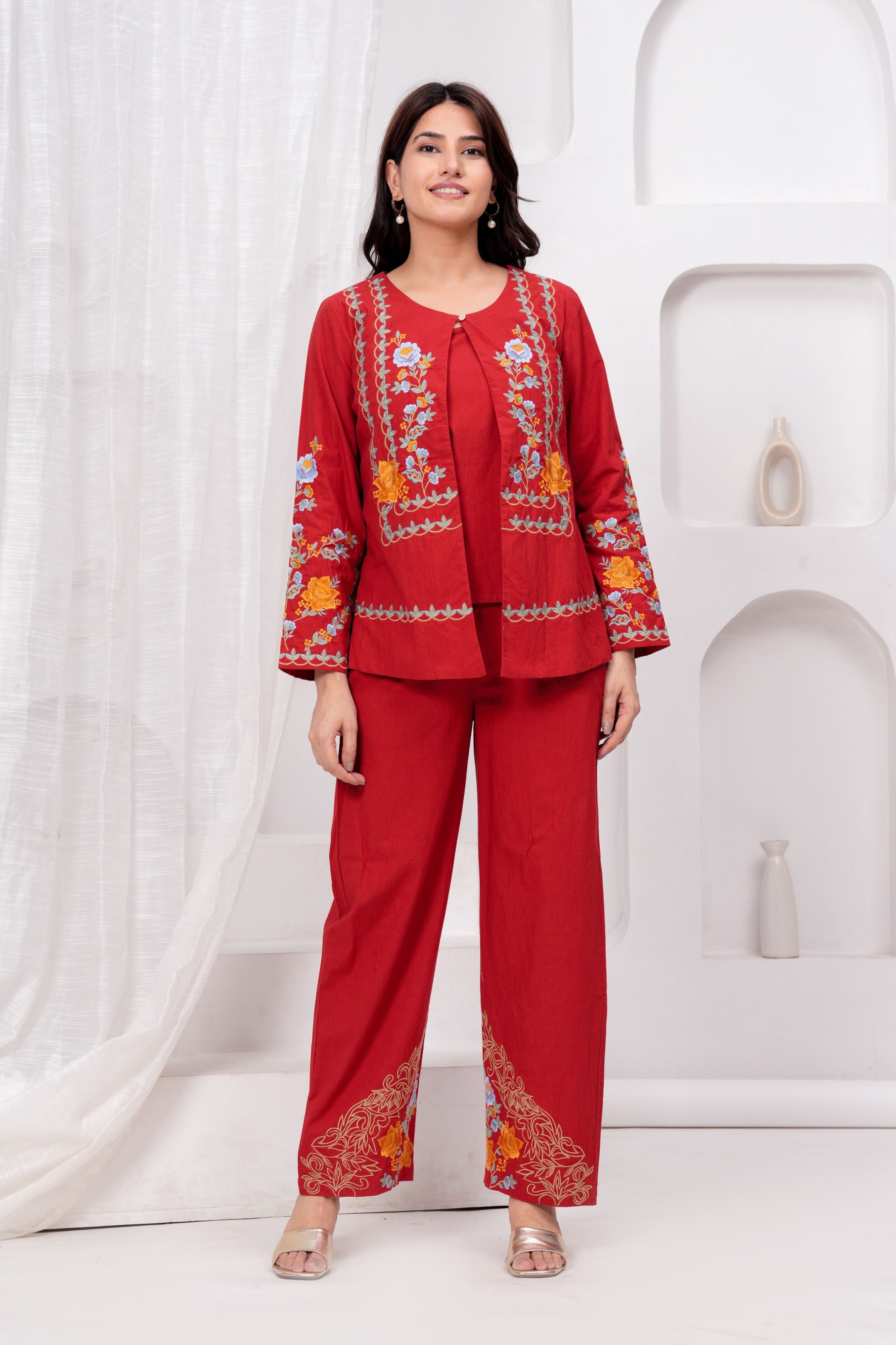 Red Embroidered Organic Cotton Jacket Co-Ord Set