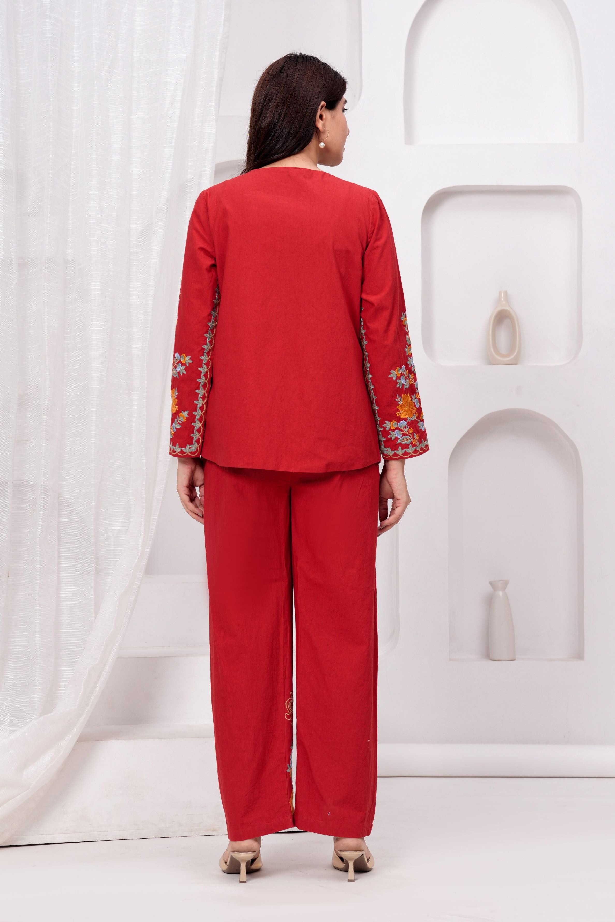 Red Embroidered Organic Cotton Jacket Co-Ord Set