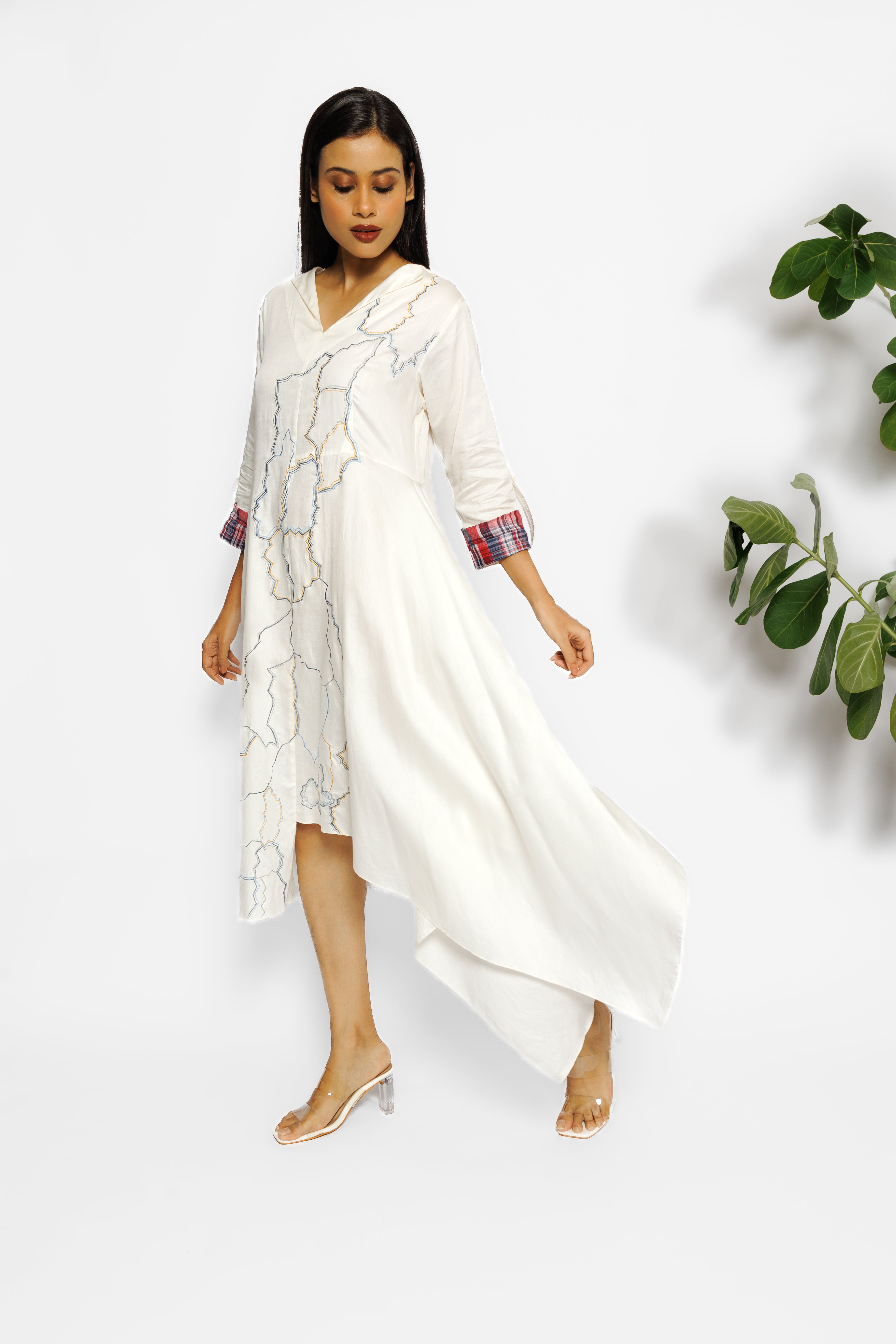 White Abstract Printed Malai Cotton Tunic Dress