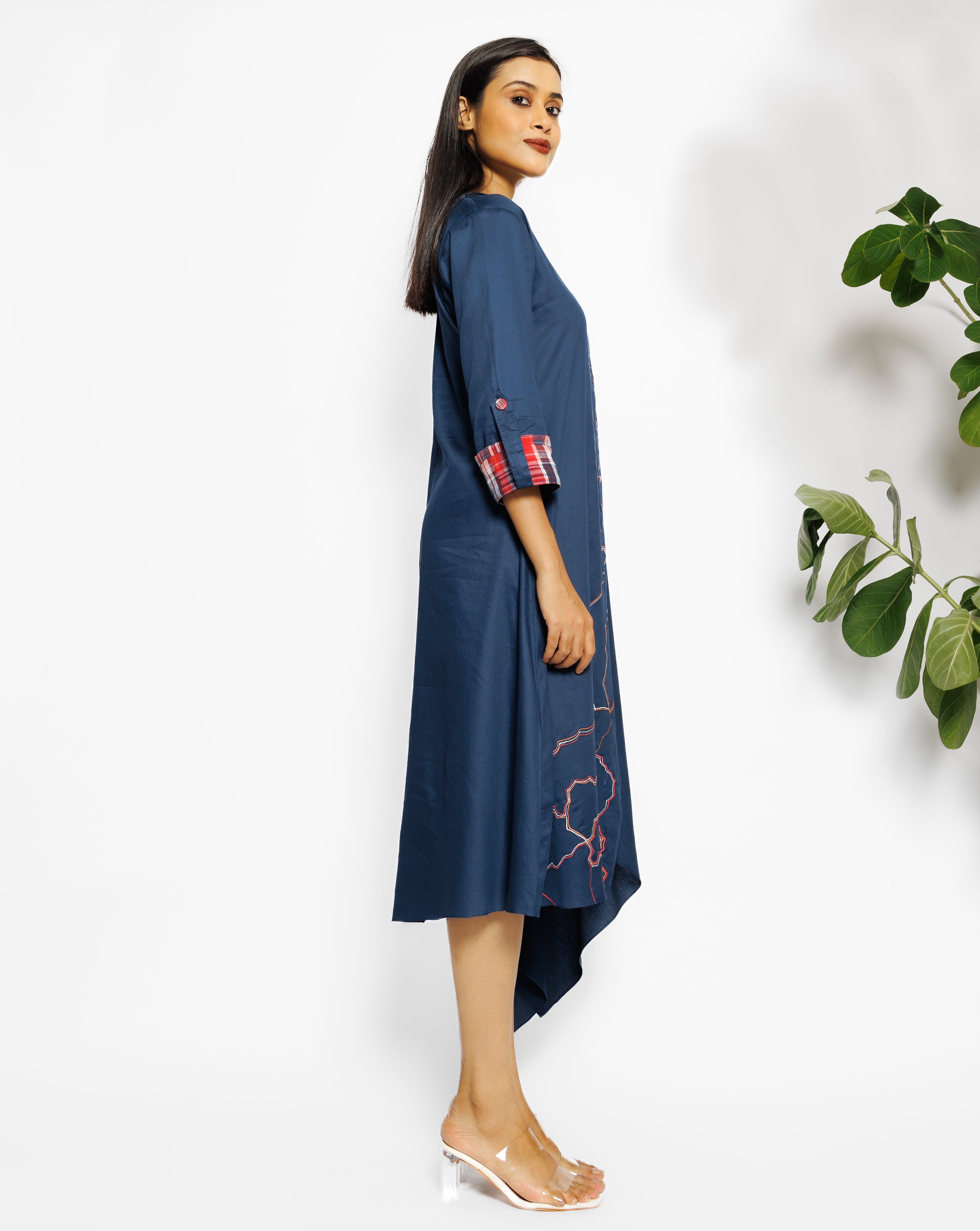 Deep Blue Abstract Printed Malai Cotton Tunic Dress