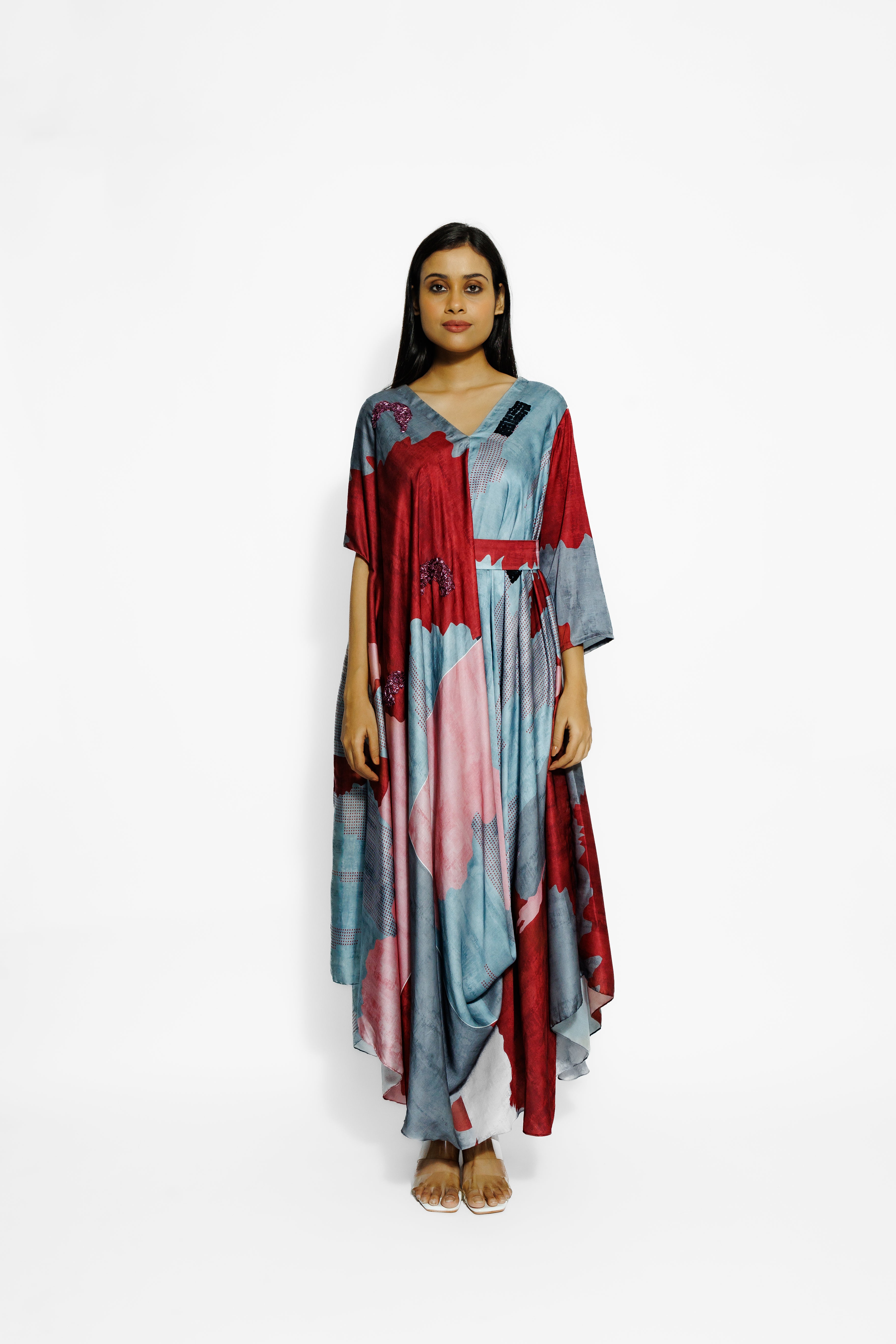 Pastel Blue Abstract Printed Cotton Satin Silk Cowl Dress