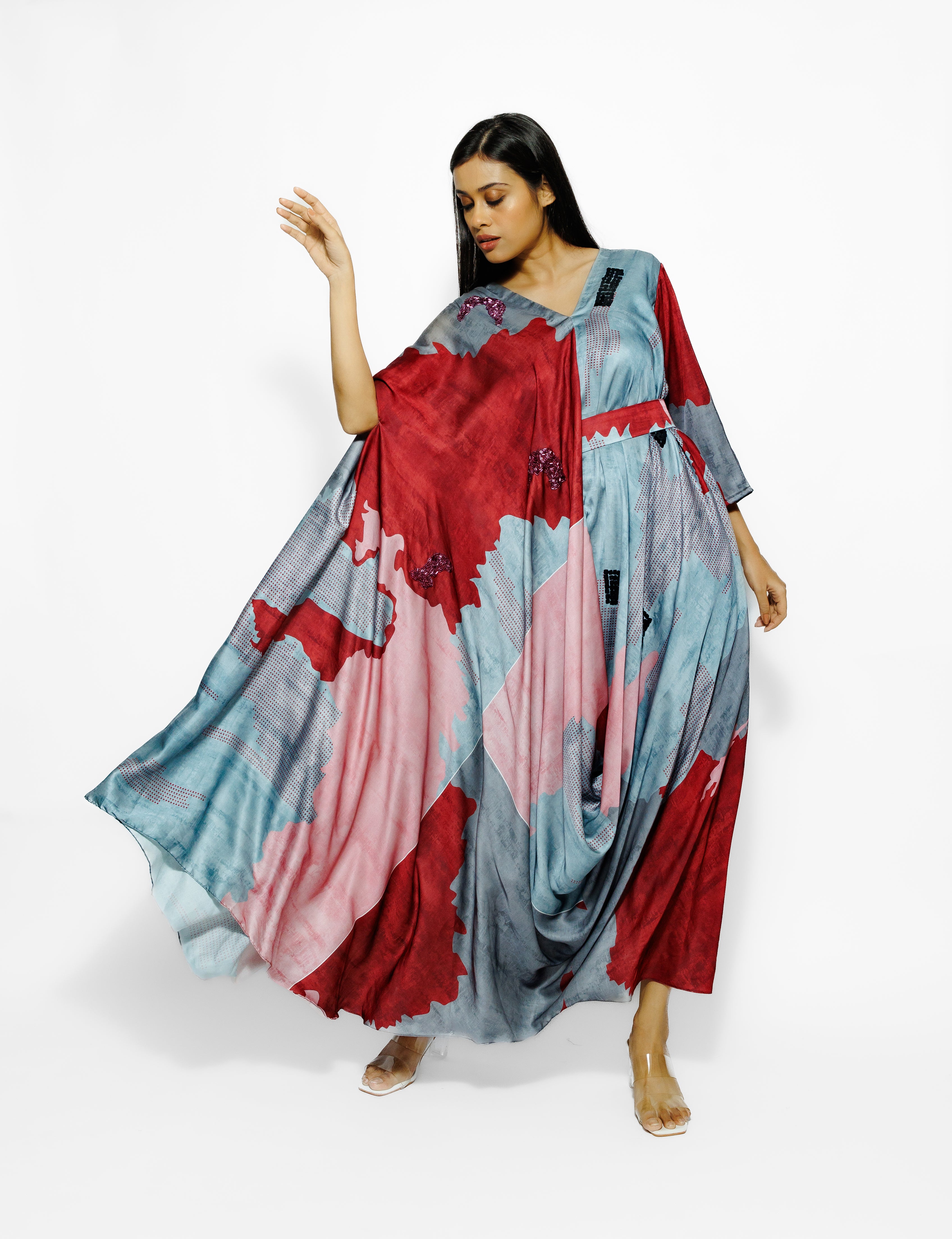 Pastel Blue Abstract Printed Cotton Satin Silk Cowl Dress