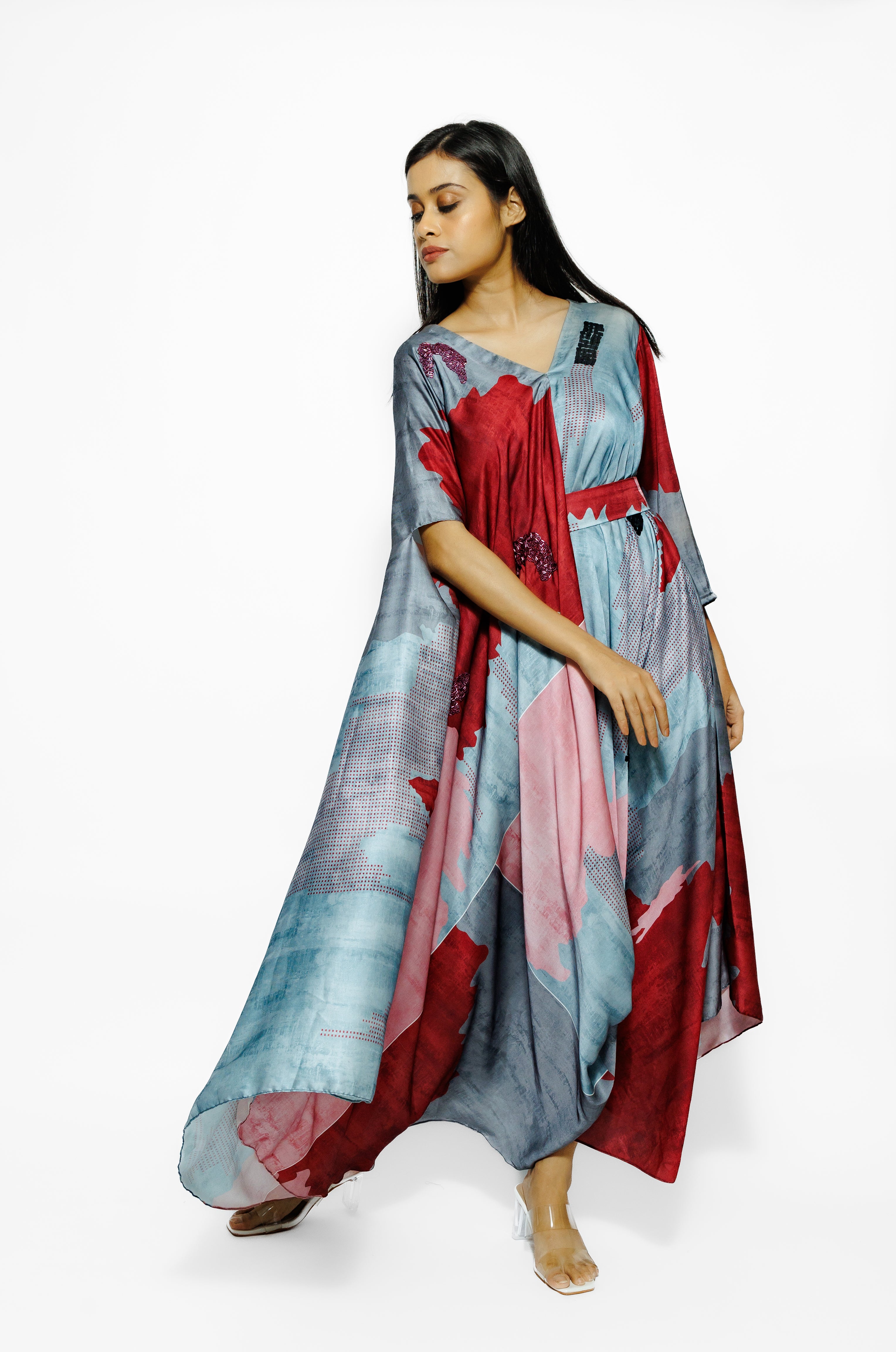 Pastel Blue Abstract Printed Cotton Satin Silk Cowl Dress