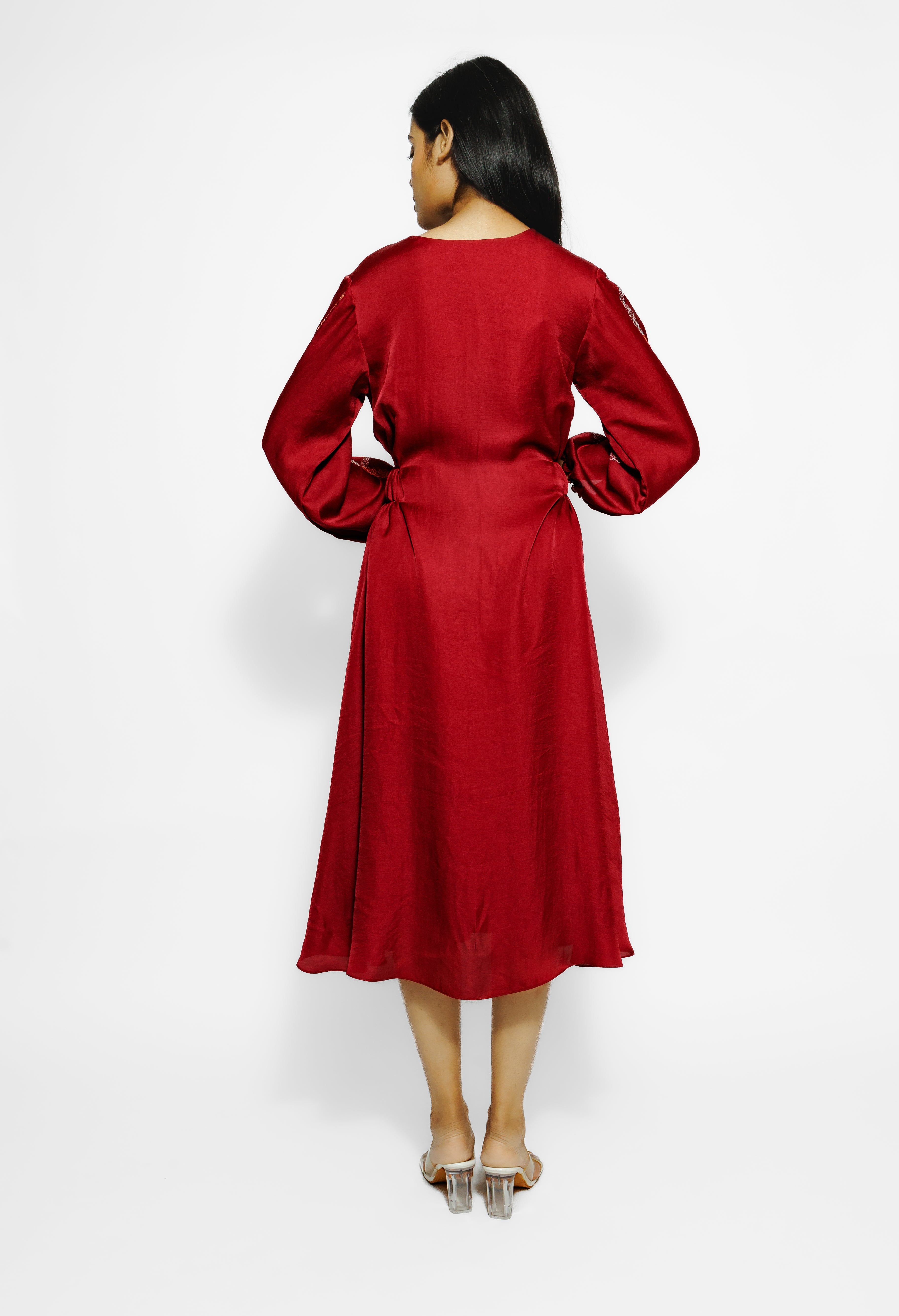 Red Embroidered Mulberry Silk Tunic Dress