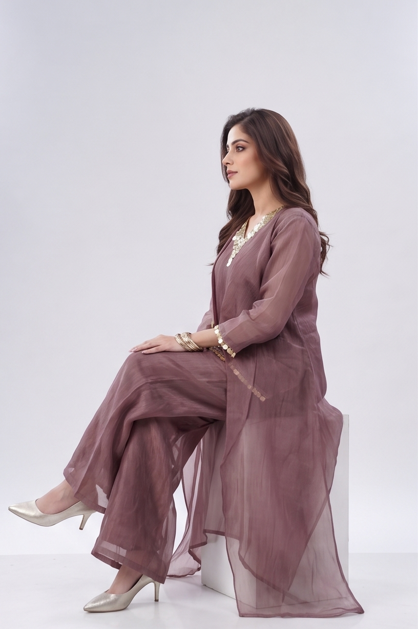 Dusty Mauve Embellished Tissue Silk Co-ord Set