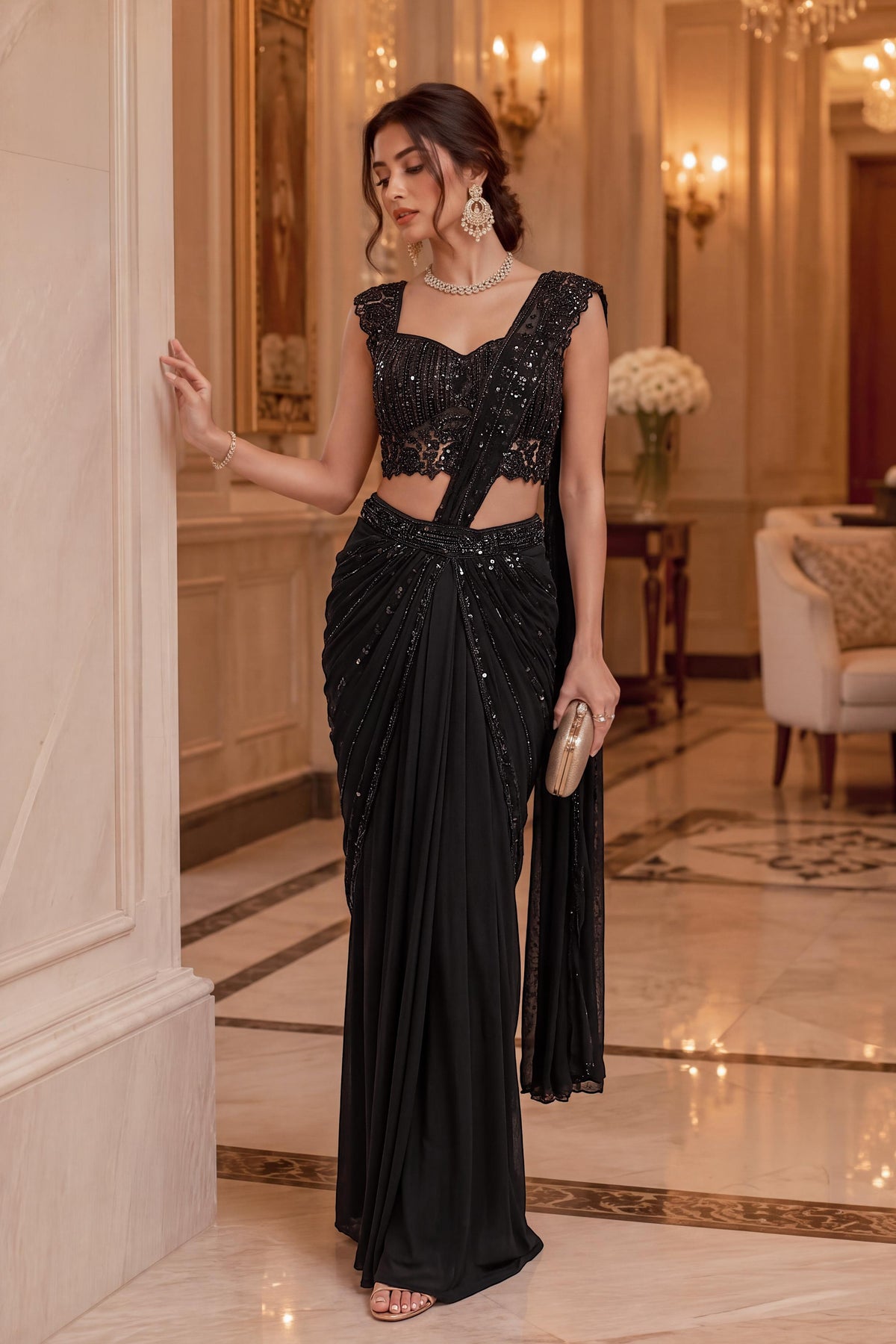 Midnight Black Embellished Spandex Saree