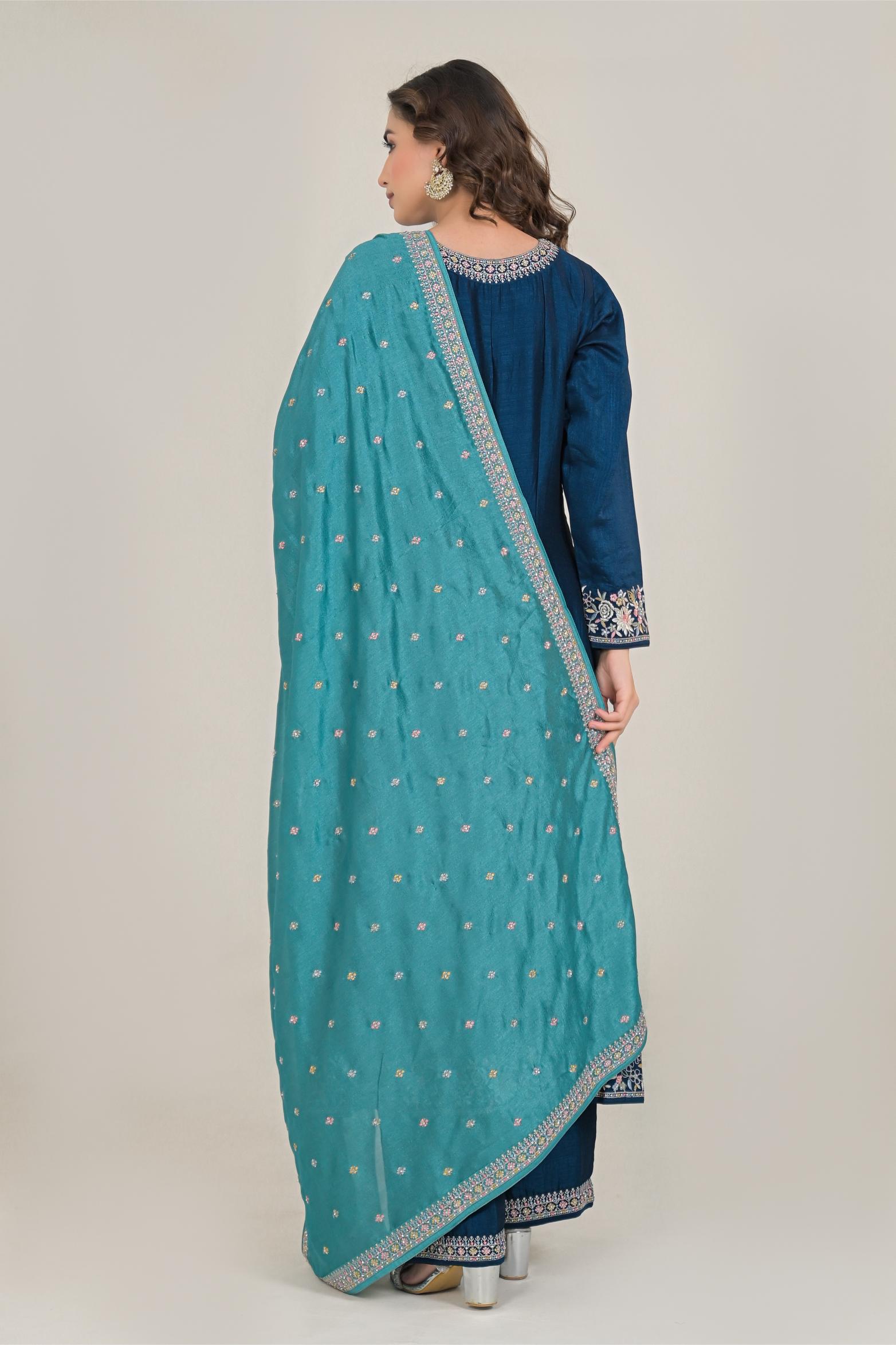 Deep Blue Embroidered Premium Silk Anarkali Set