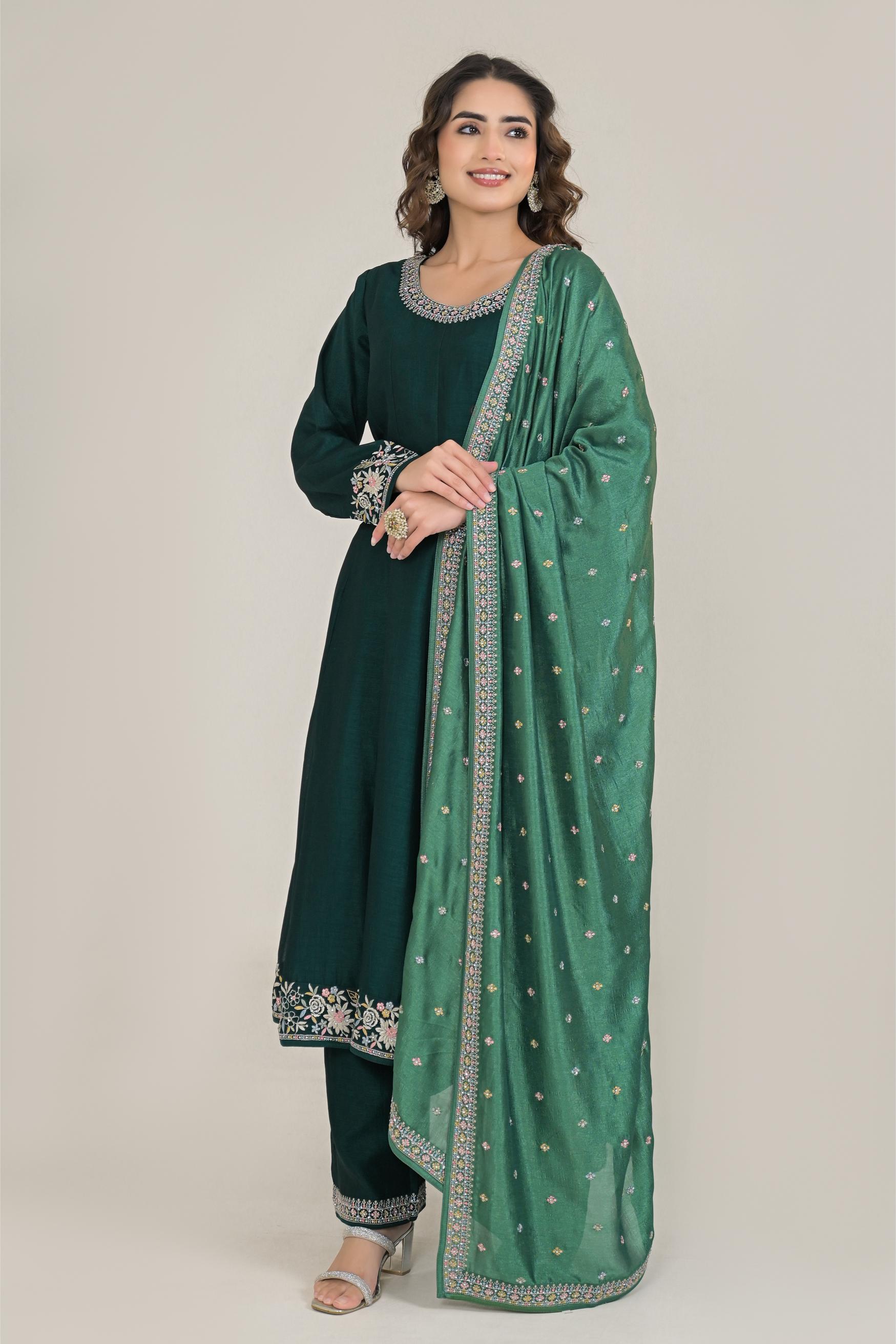 Deep Green Embroidered Premium Silk Anarkali Set