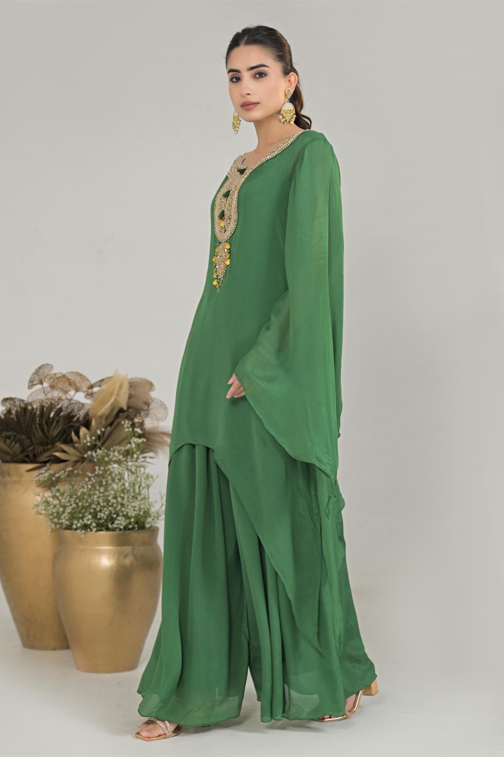 Green Embroidered Chinon Silk Palazzo Set