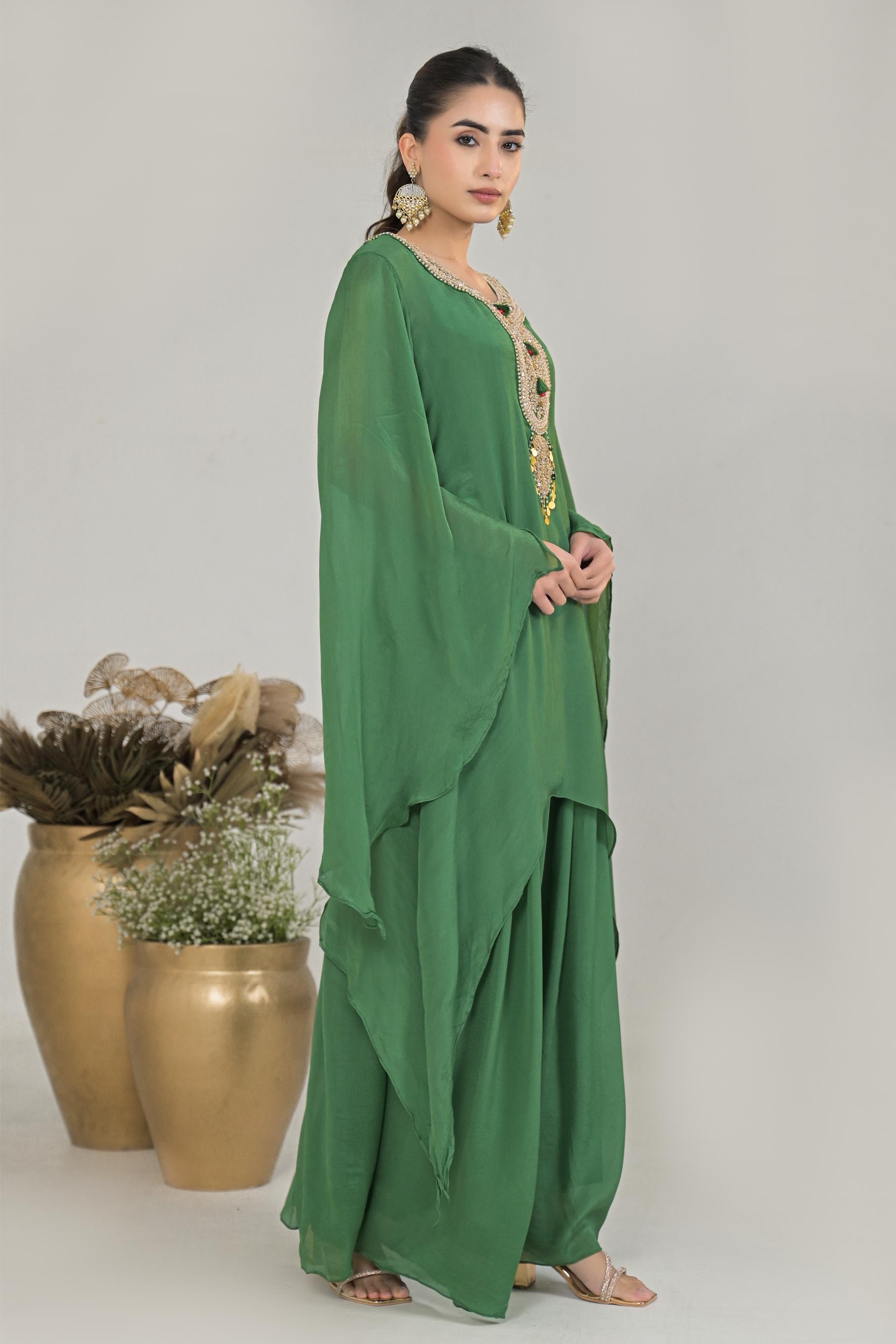 Green Embroidered Chinon Silk Palazzo Set