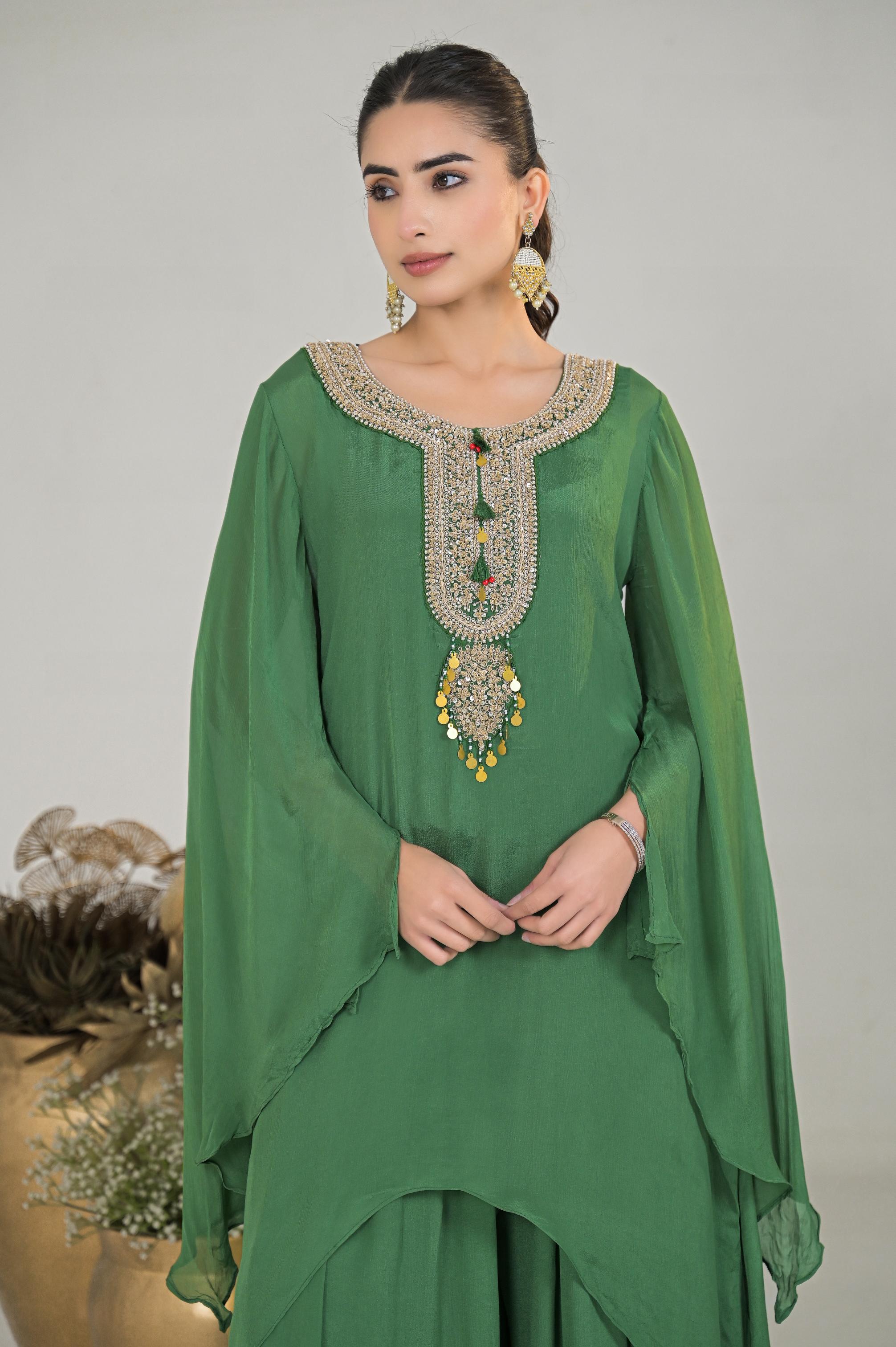 Green Embroidered Chinon Silk Palazzo Set