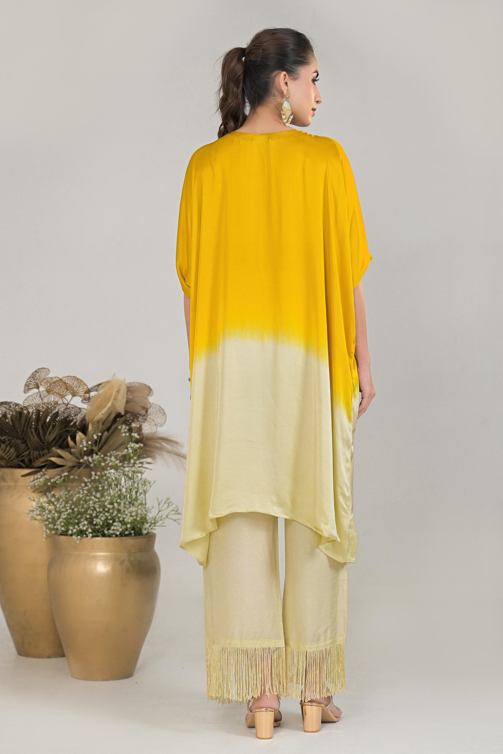 Festive Yellow Ombre-Dyed Satin Silk Kaftan Set