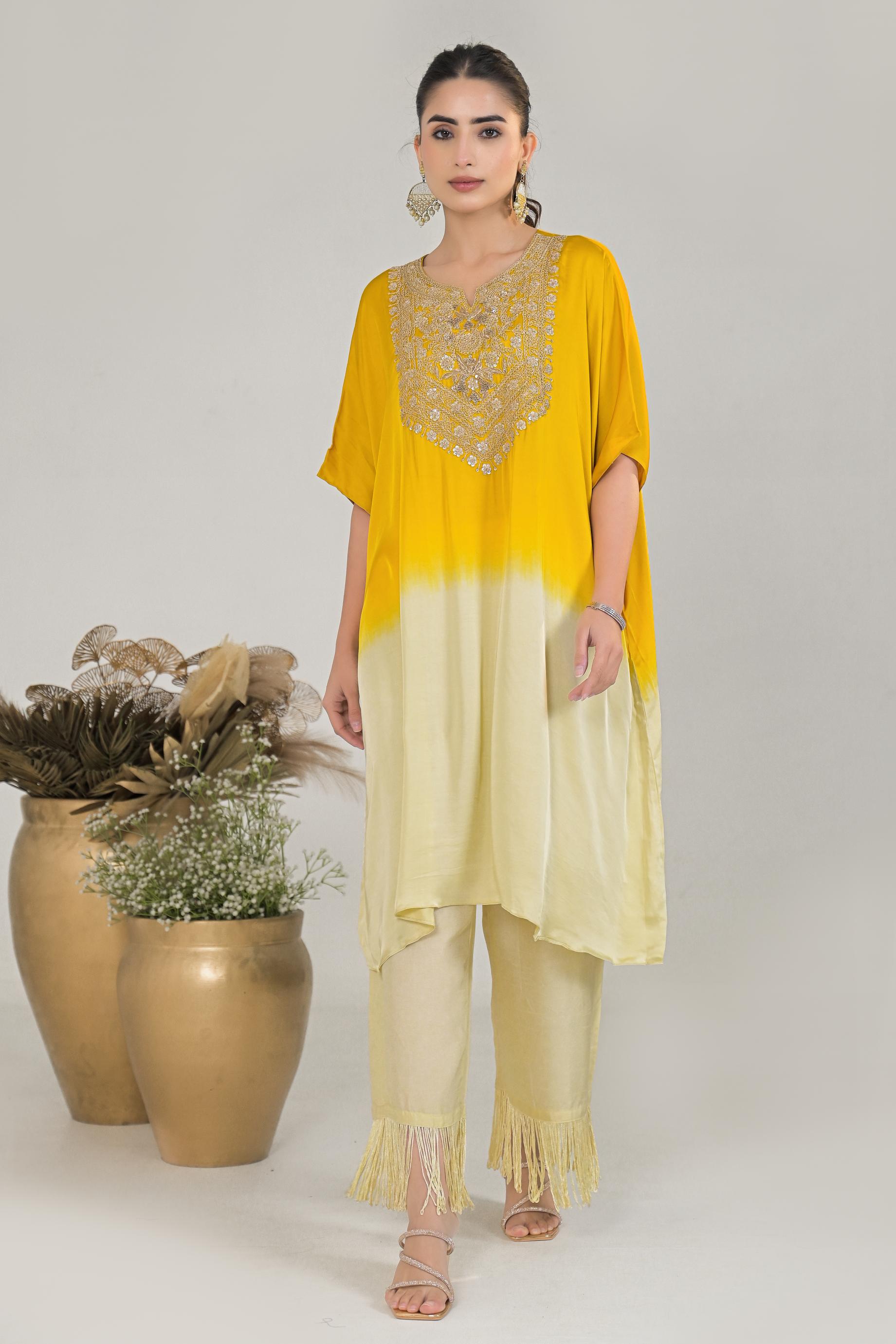 Festive Yellow Ombre-Dyed Satin Silk Kaftan Set