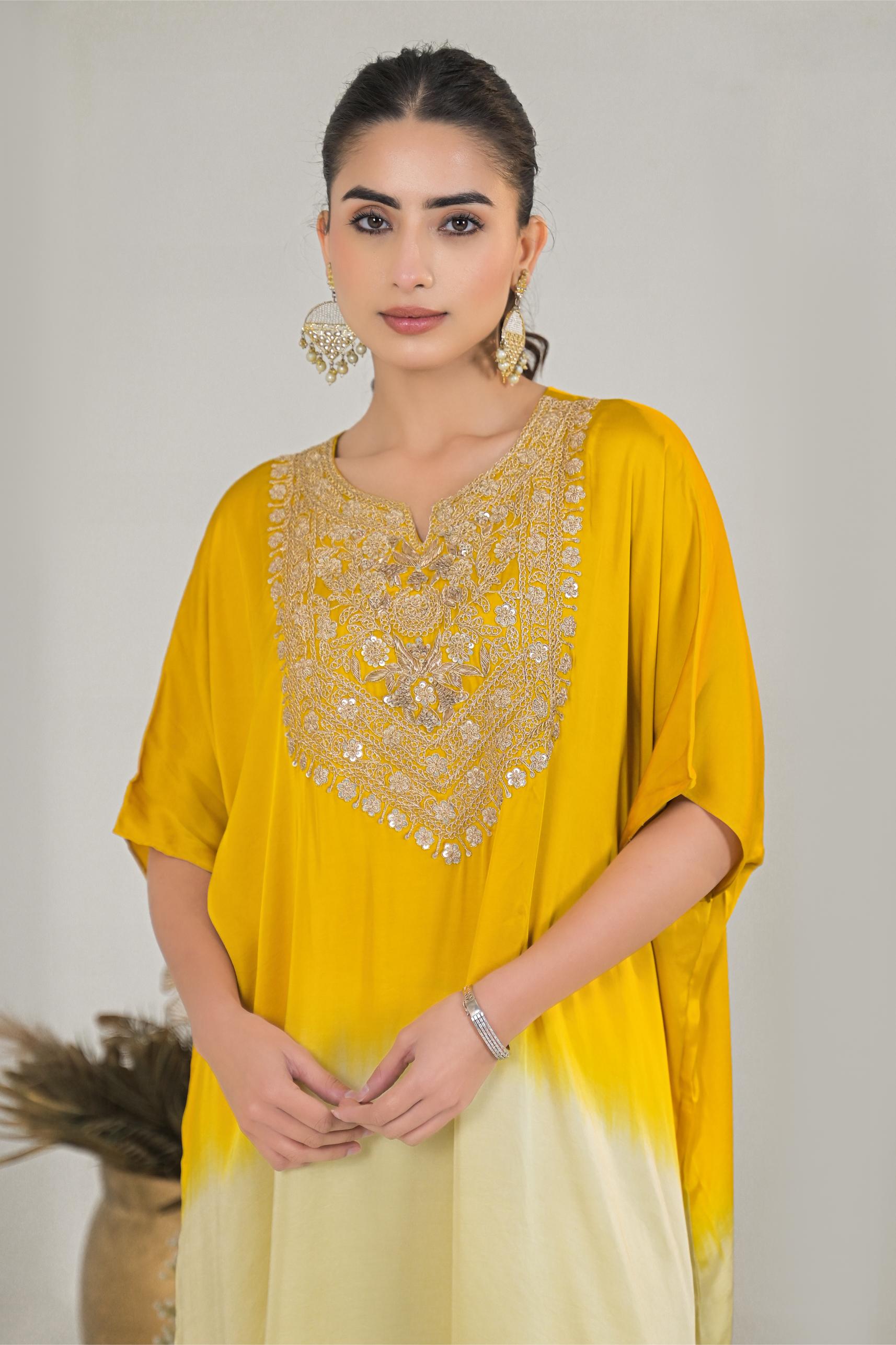 Festive Yellow Ombre-Dyed Satin Silk Kaftan Set