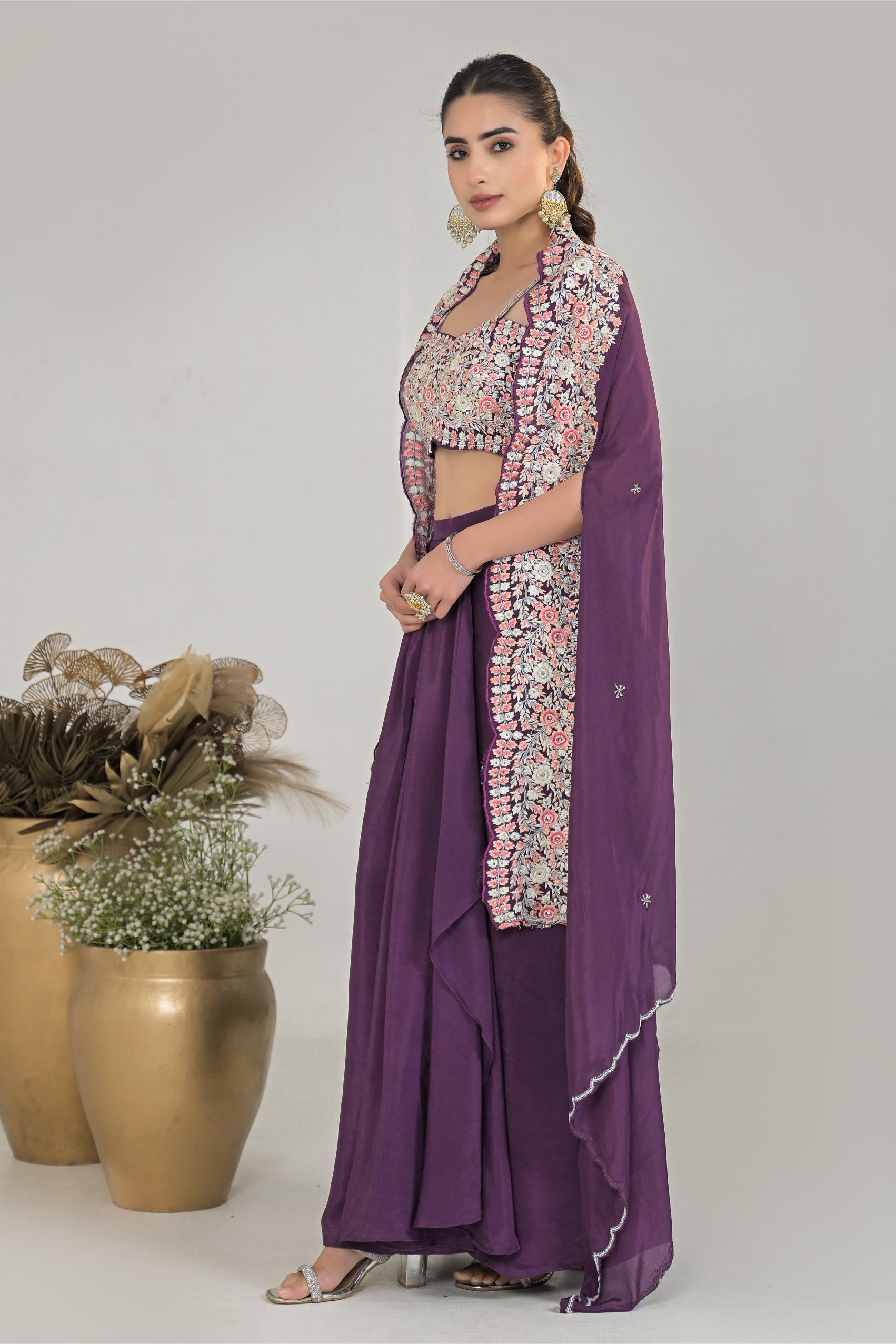 Dark Mauve Embroidered Chinon Silk Cape Set