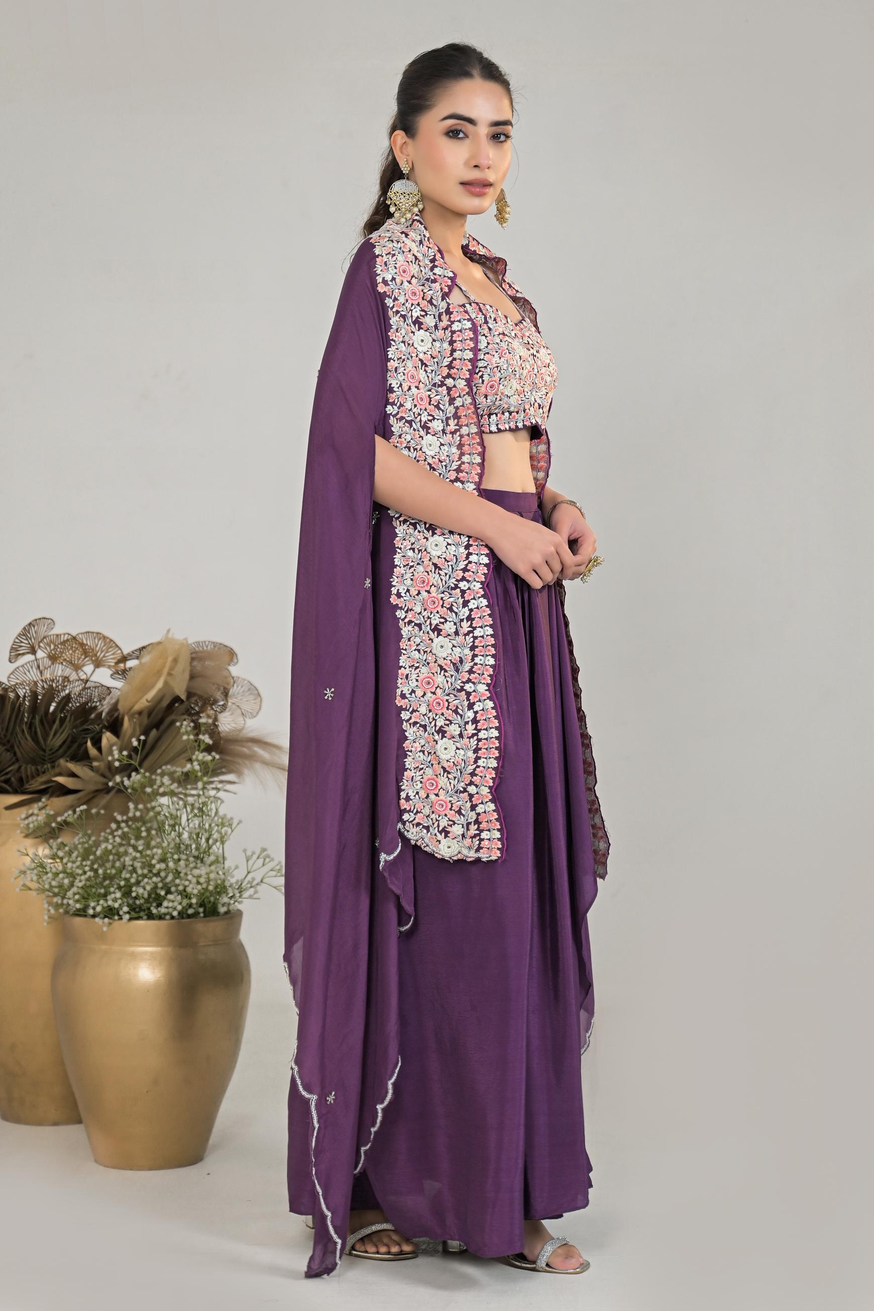 Dark Mauve Embroidered Chinon Silk Cape Set