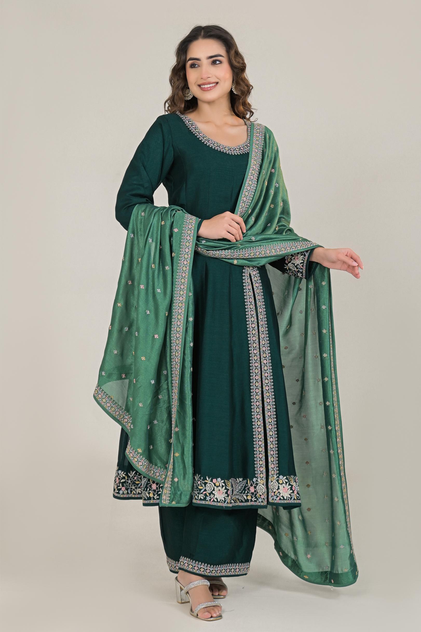 Deep Green Embroidered Premium Silk Anarkali Set