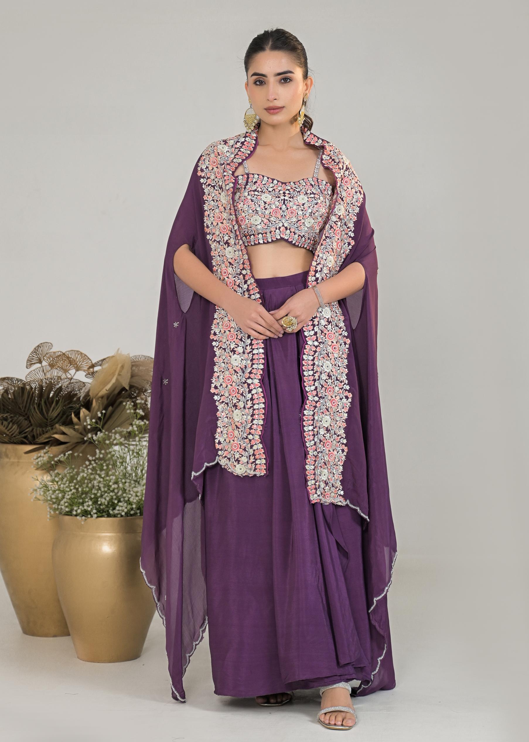 Dark Mauve Embroidered Chinon Silk Cape Set