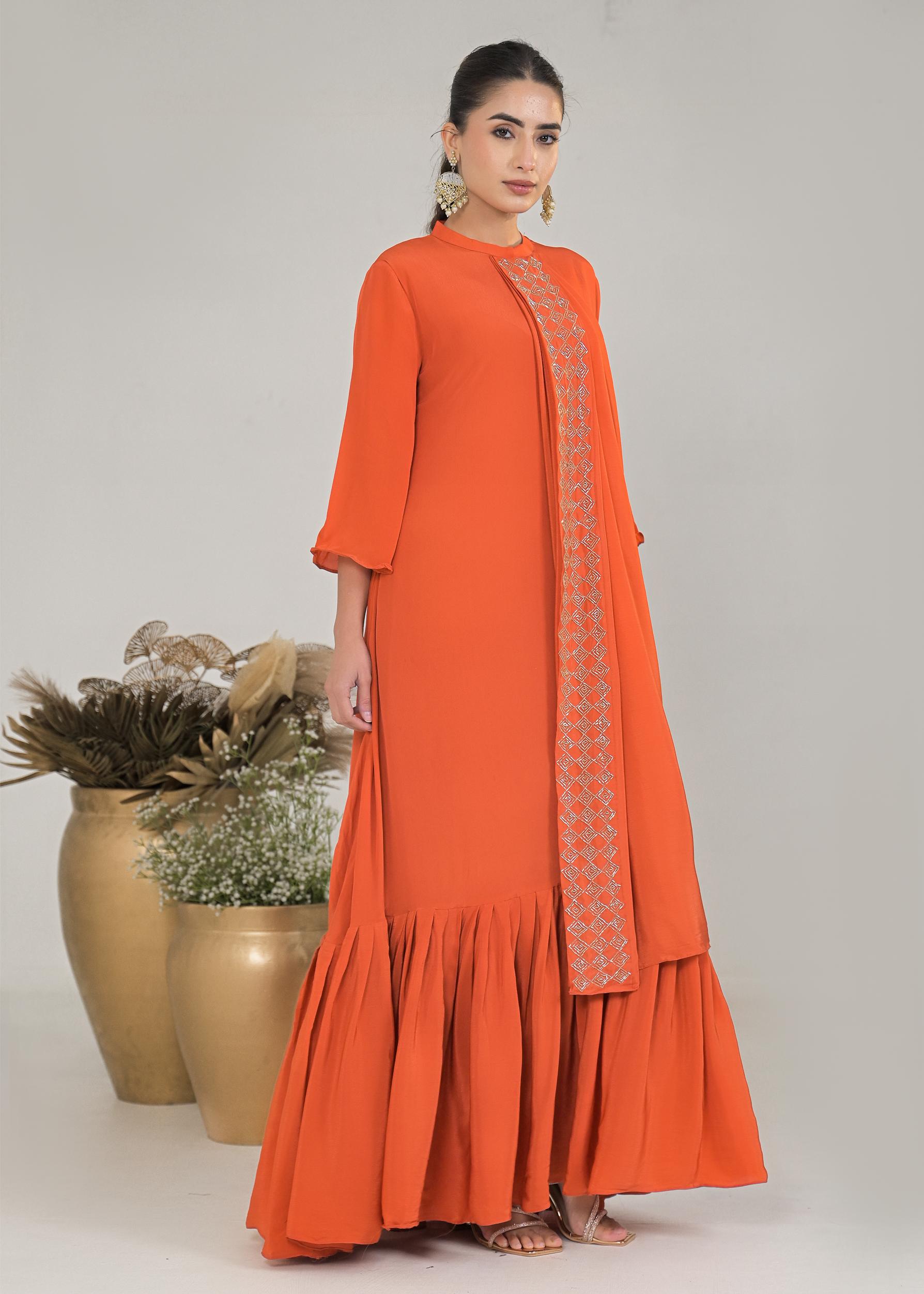 Orange Embellished Premium Silk Gown