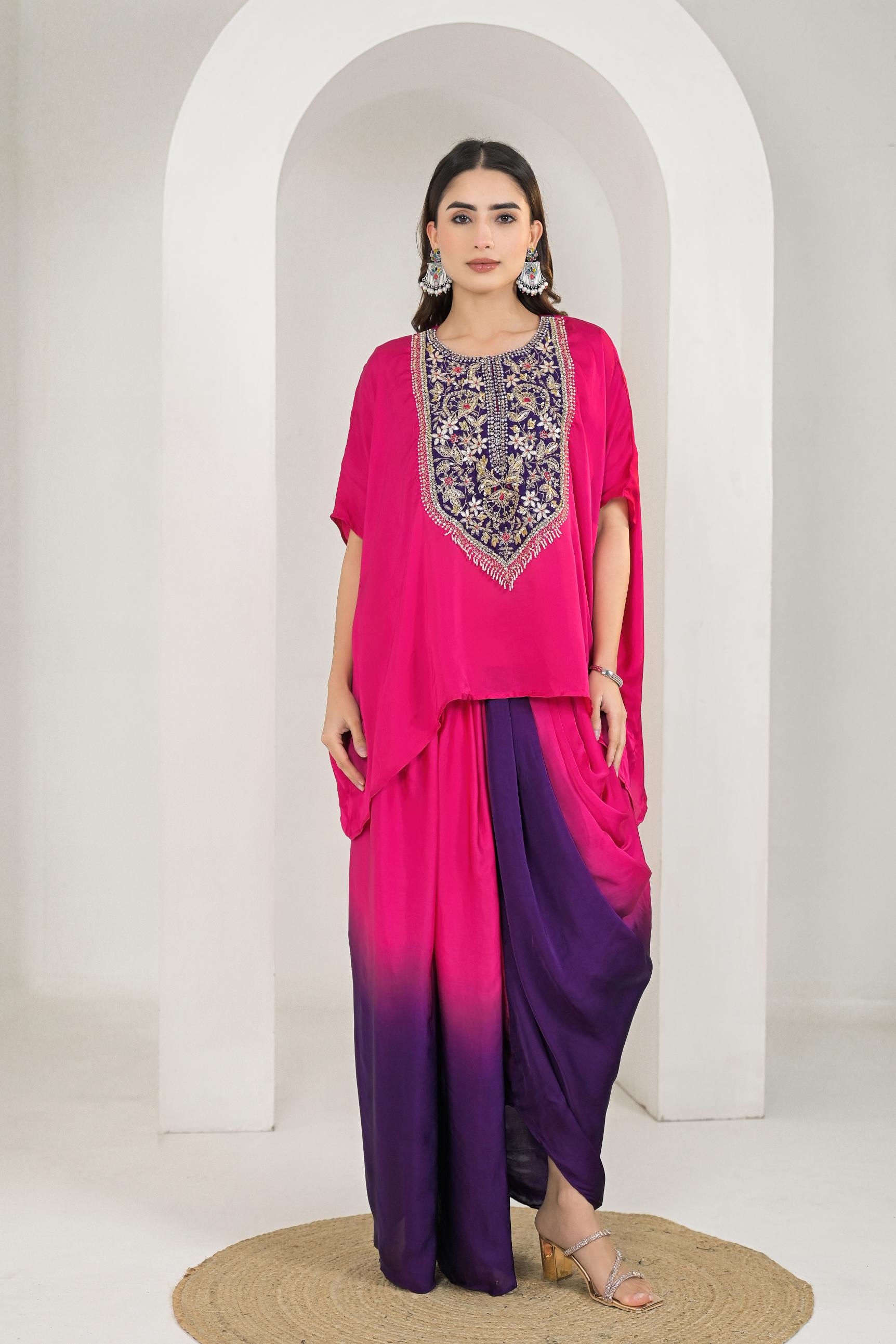 Rani Pink Embroidered Satin Silk Kaftan Set