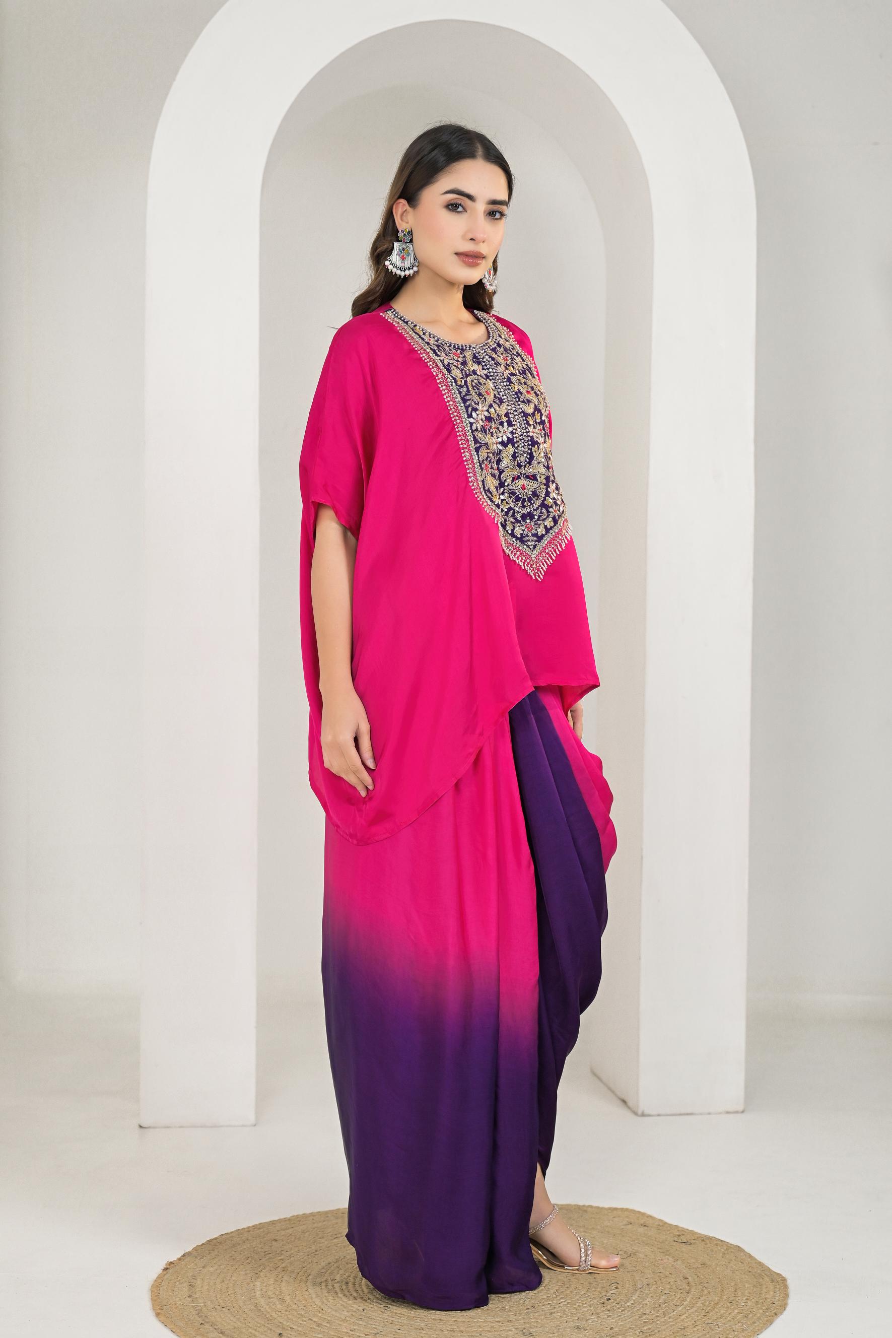 Rani Pink Embroidered Satin Silk Kaftan Set