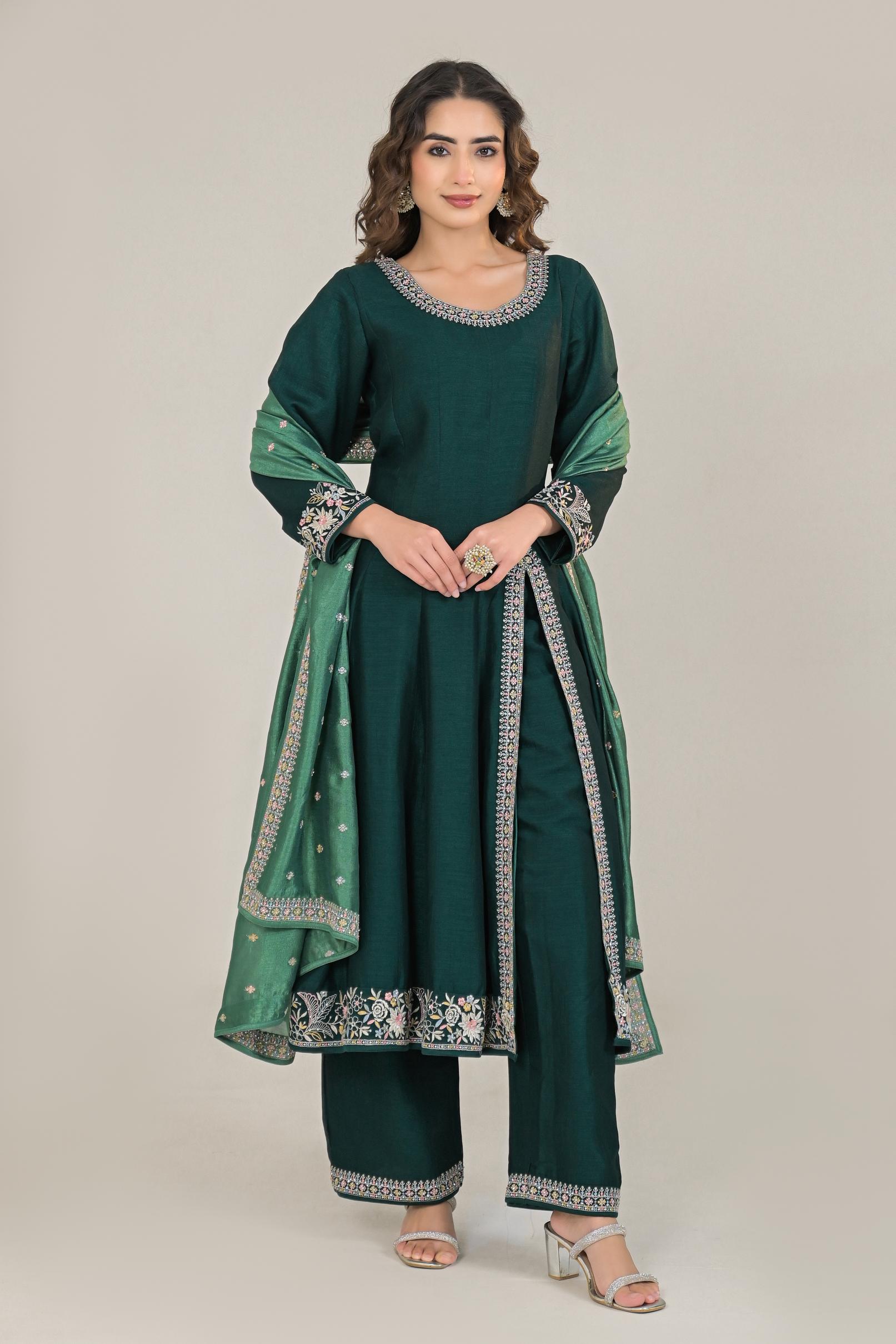 Deep Green Embroidered Premium Silk Anarkali Set