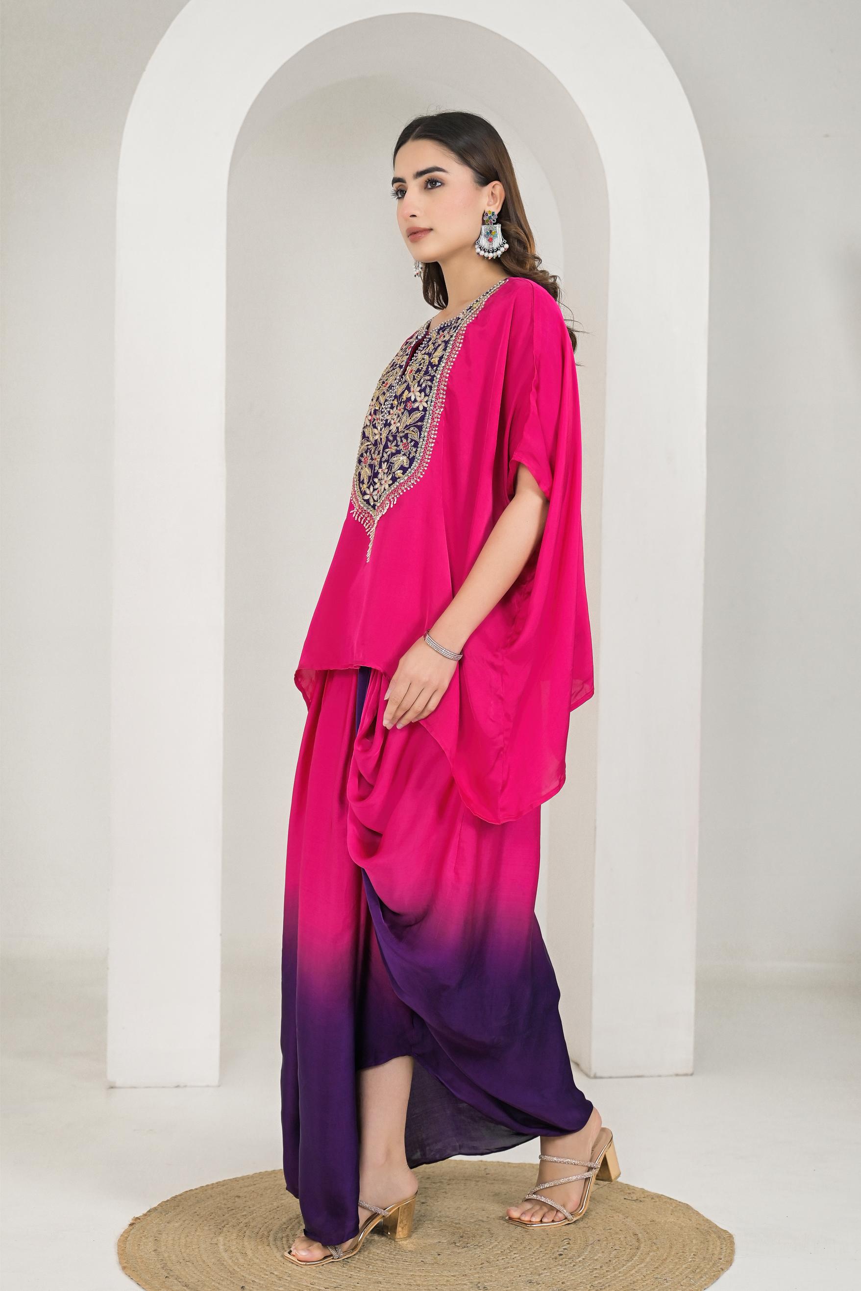 Rani Pink Embroidered Satin Silk Kaftan Set