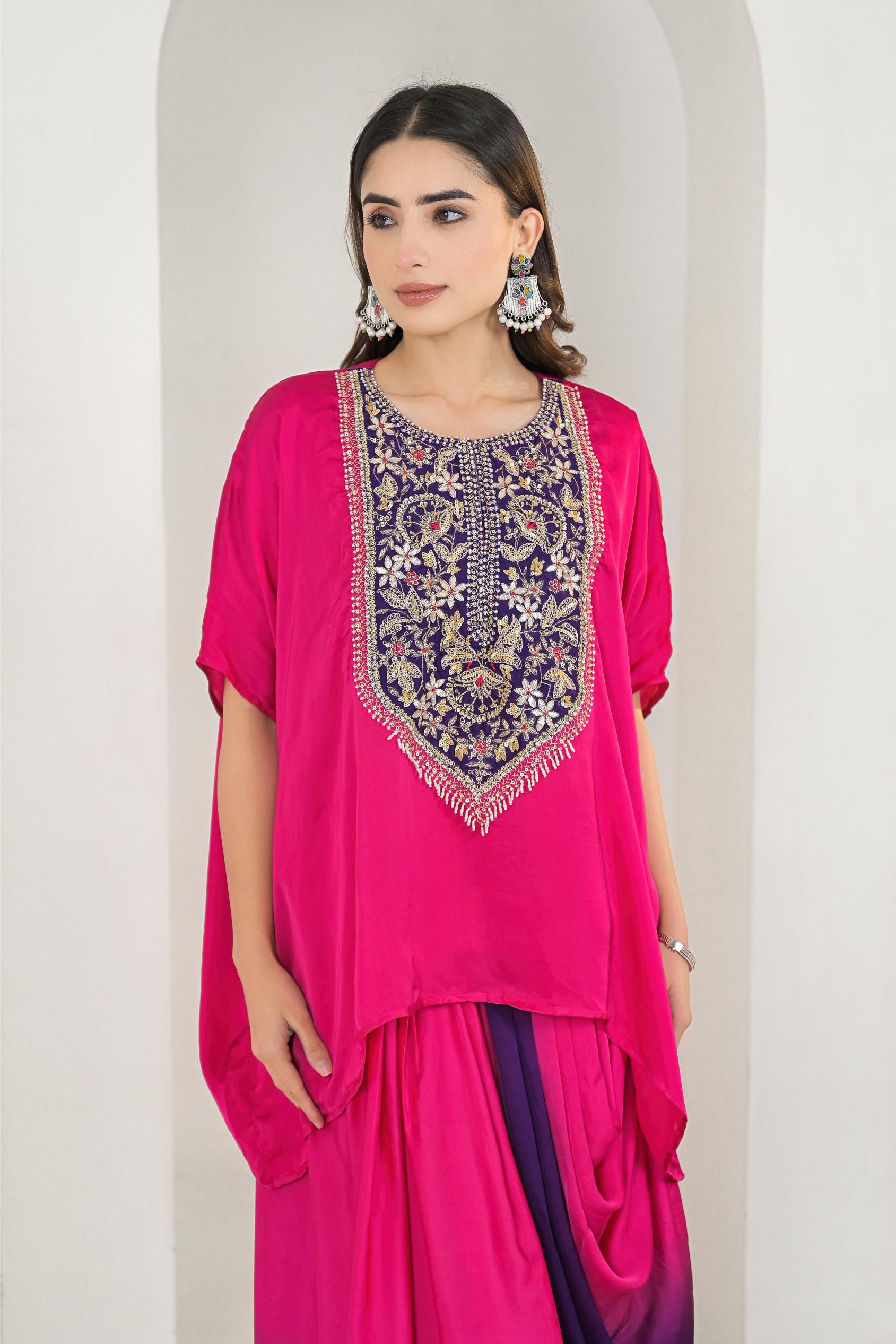 Rani Pink Embroidered Satin Silk Kaftan Set