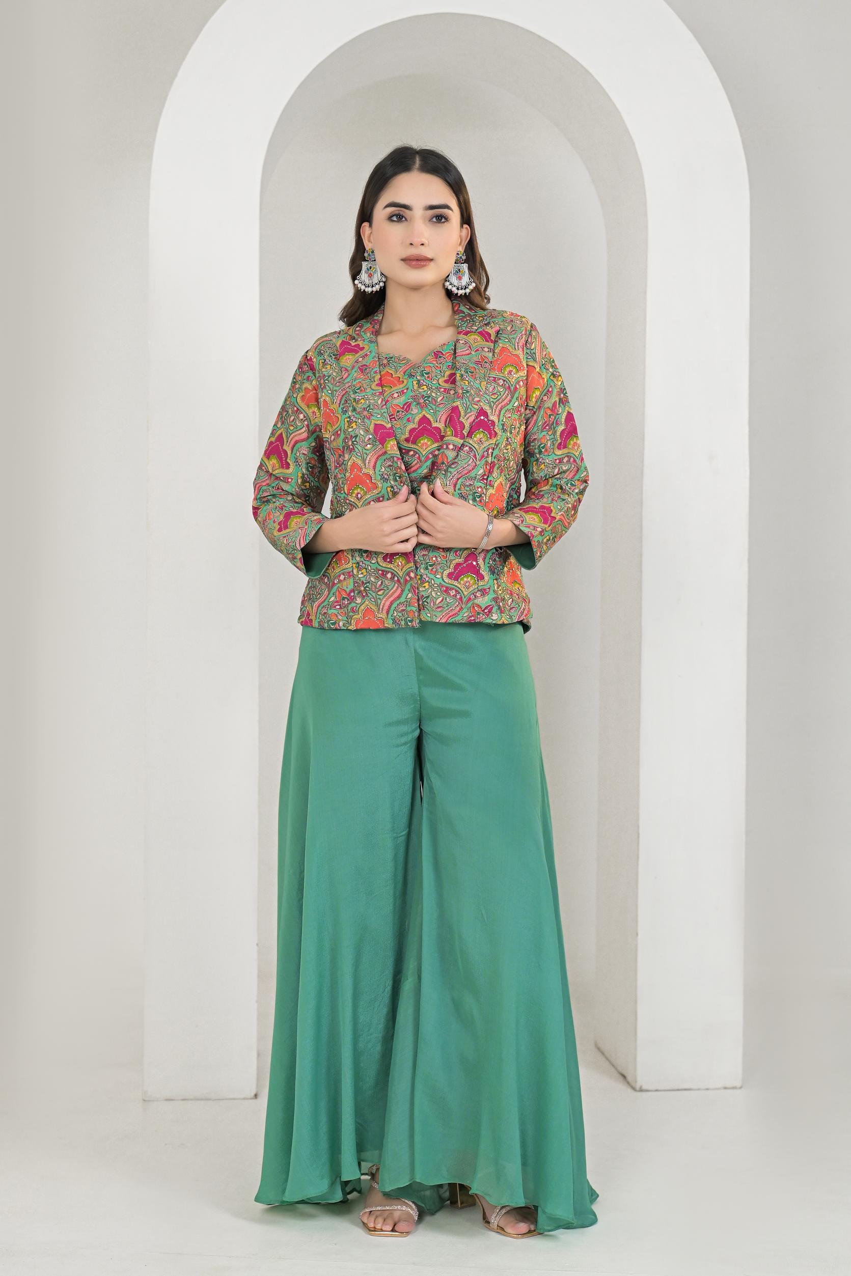 Jade Green Printed Chanderi Silk Jacket & Palazzo Set