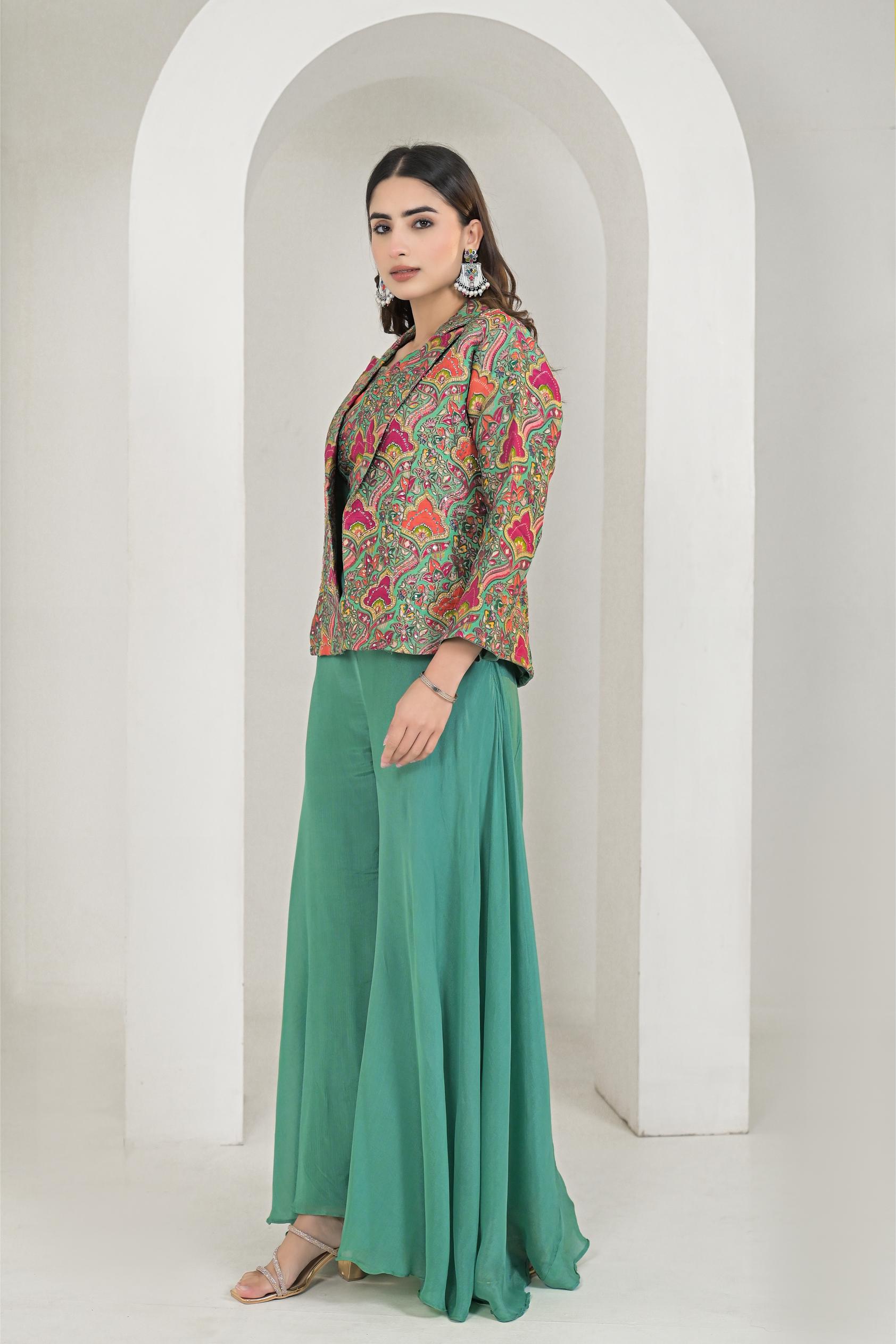 Jade Green Printed Chanderi Silk Jacket & Palazzo Set