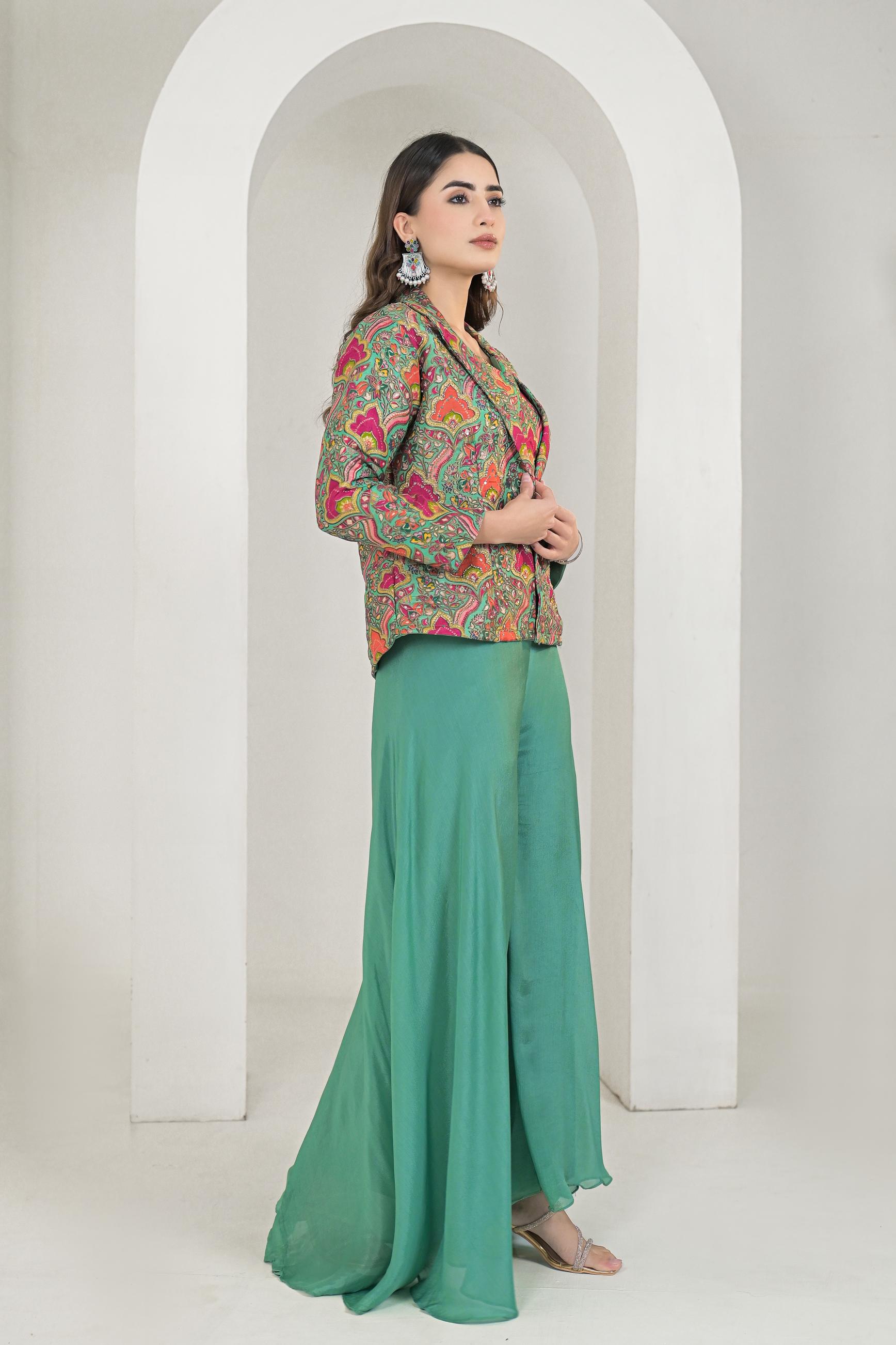 Jade Green Printed Chanderi Silk Jacket & Palazzo Set