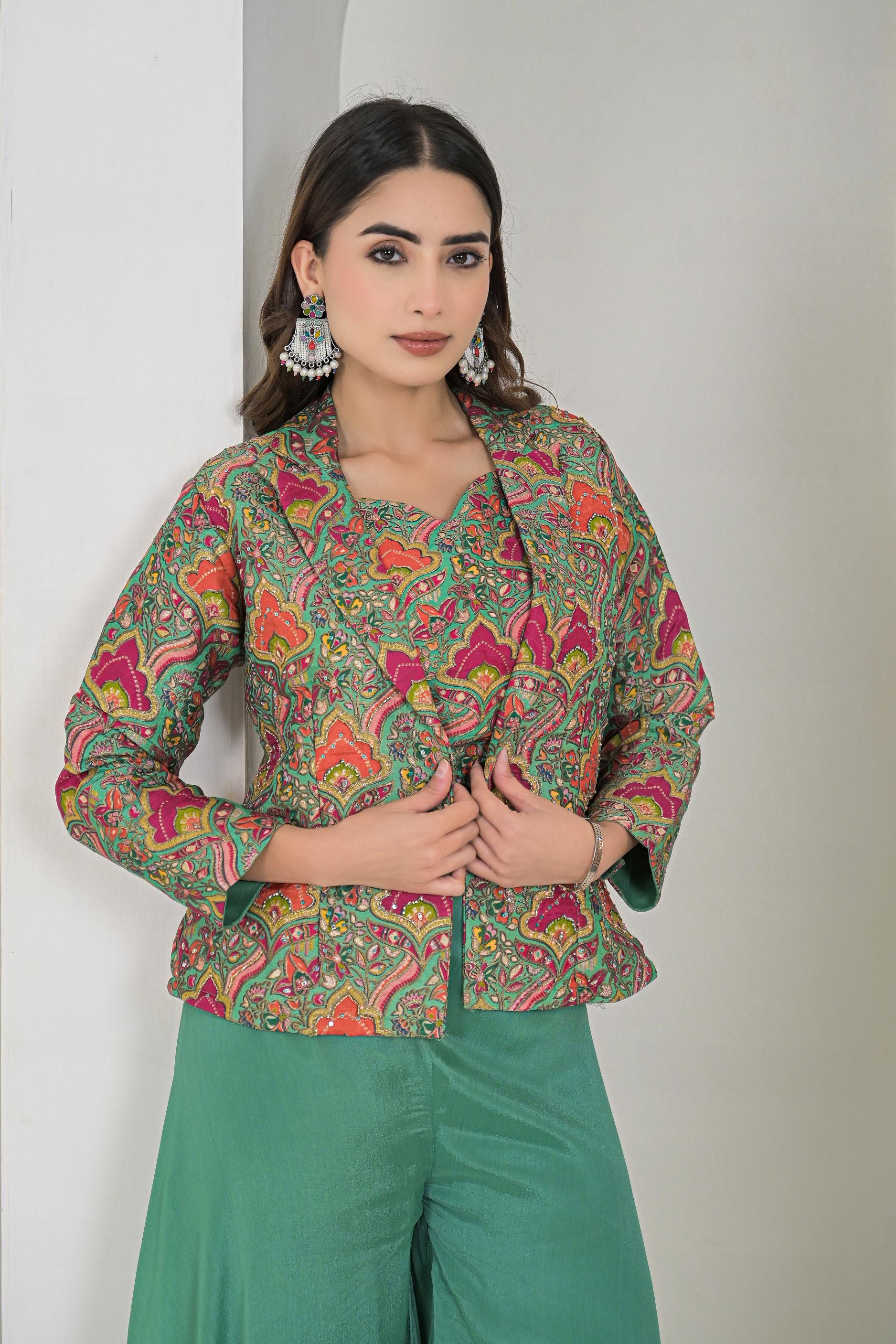 Jade Green Printed Chanderi Silk Jacket & Palazzo Set